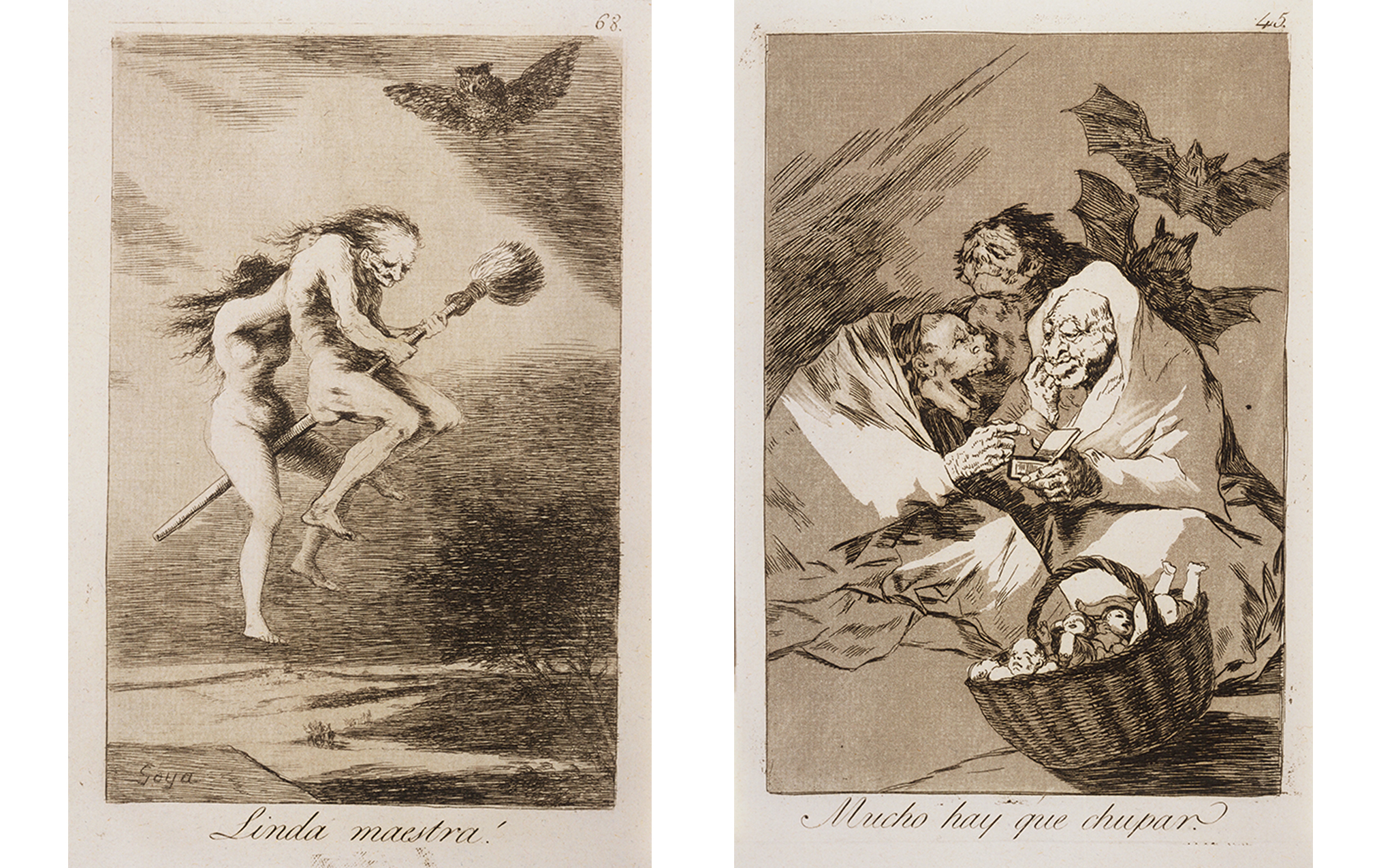 left: undressed young and elderly women riding a broom, a black owl is on the right. right:  two witches sit with a basket of babies at their feet, man stands while two bats fly overhead behind them