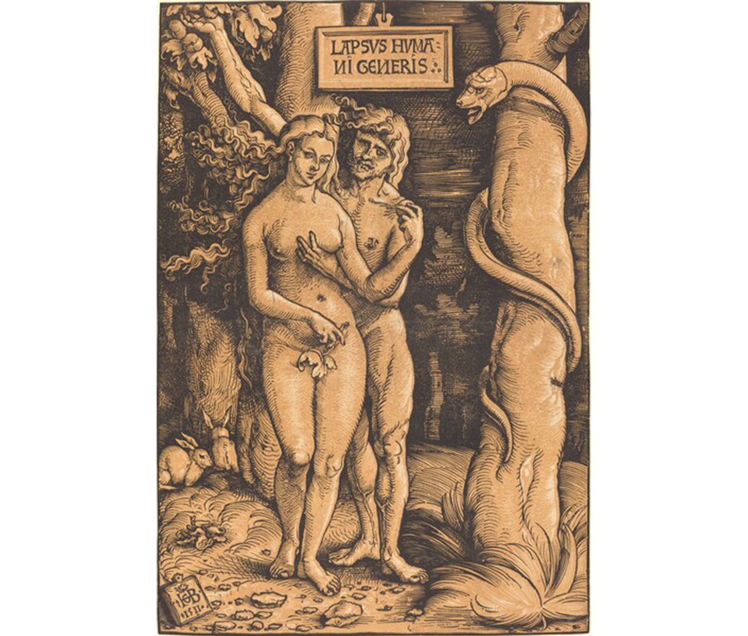 adam and eve standing in front of trees, embracing one another