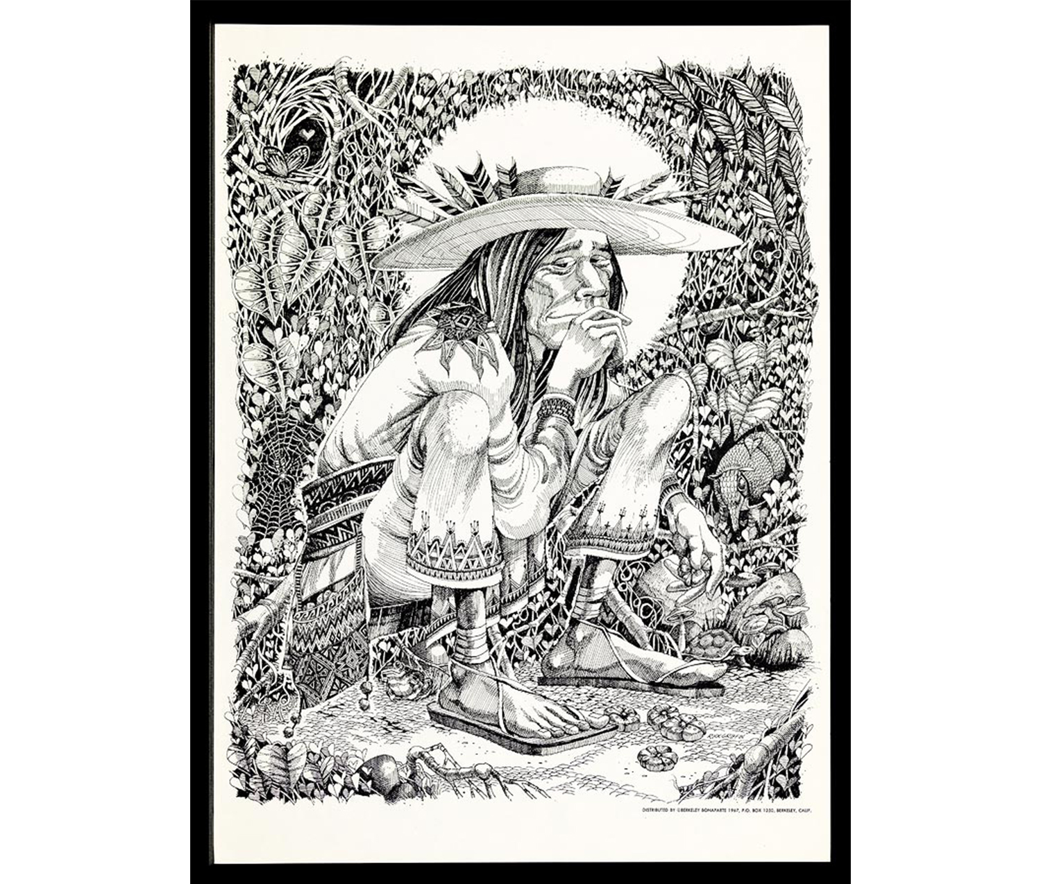elaborate landscape with leaves, vines, spider web with spider, butterfly, mouse, armadillo, frog, turtle, and seated man in center with wide hat stuck with feathers, loose shirt and pants with patterned belt and bag, wearing sandals holding flower with four on the ground at his feet