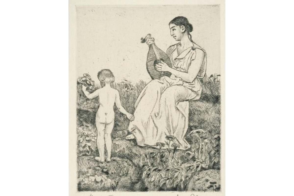 "Young boy; child in the nude; standing with one arm up and the other down facing away; woman seated playing an instrument; music; dancing"