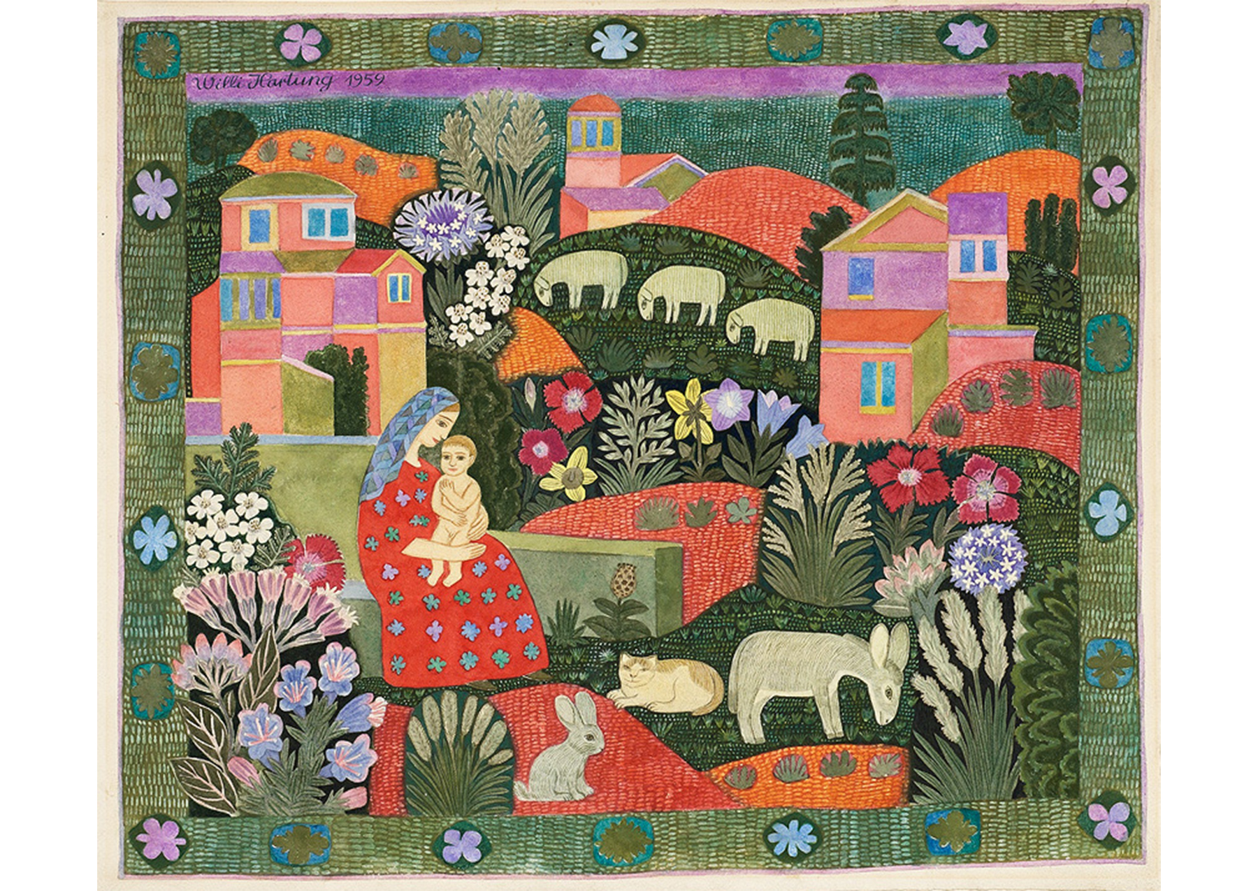 fanciful landscape with flowers, scattered buildings a rabbit, cat and donkey near a woman holding a naked child
