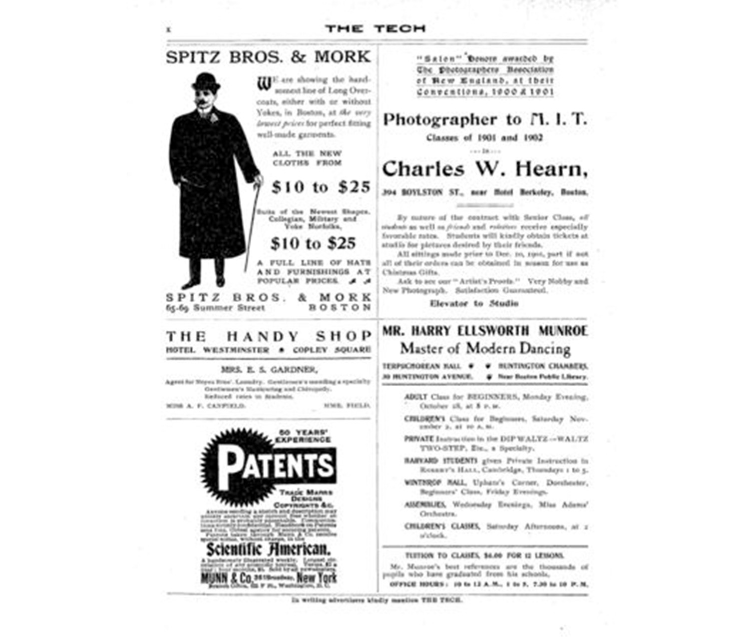 Black and white advertisement for a variety of different services, including the photograph services of Charles W. Hearn