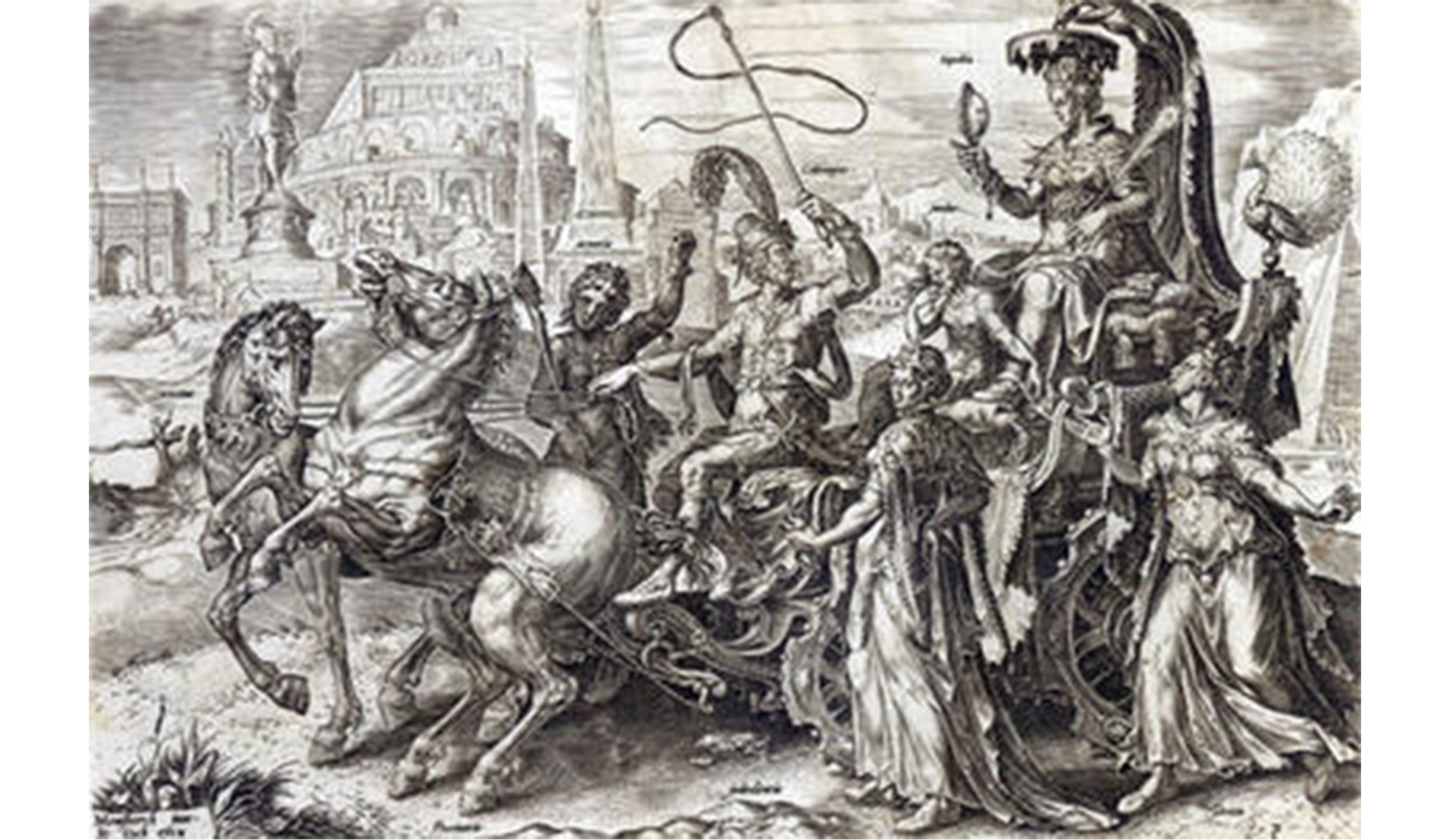 woman sits on a high-raised chariot, looking into a handheld mirror. numerous horses and other people surround her.