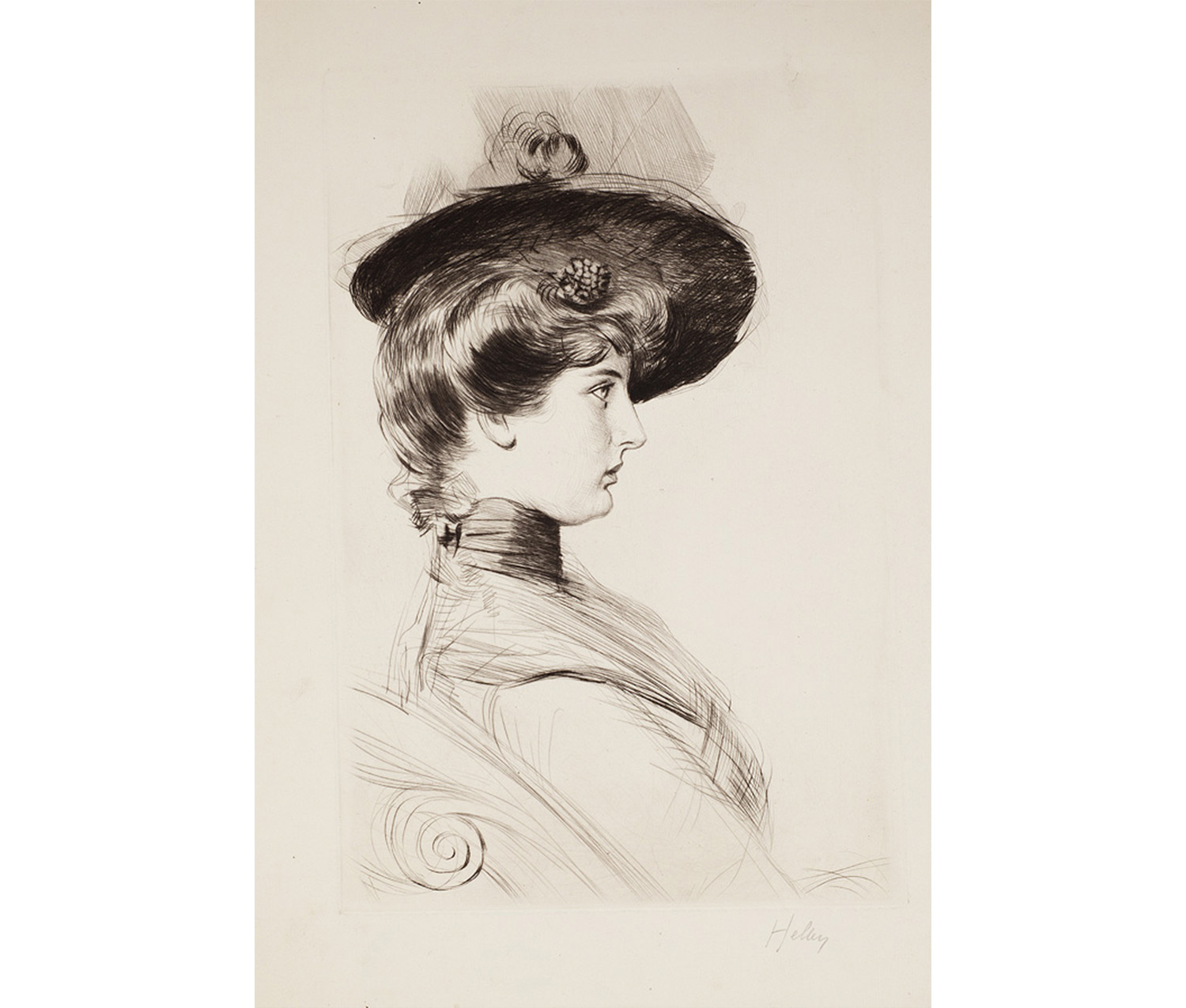 profile view of a woman wearing dress with high collar, hair in an updo, and large hat with a bow