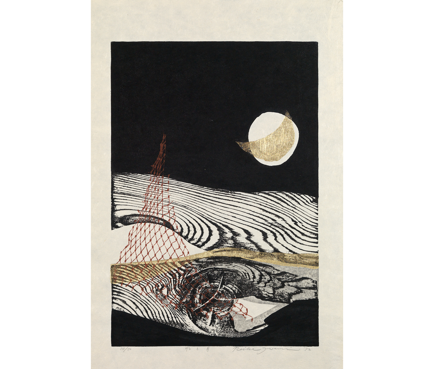 abstracted landscape, wood grain forming land or waves with red netting overlapping it on left and white orb pierced by gold crescent moon inside