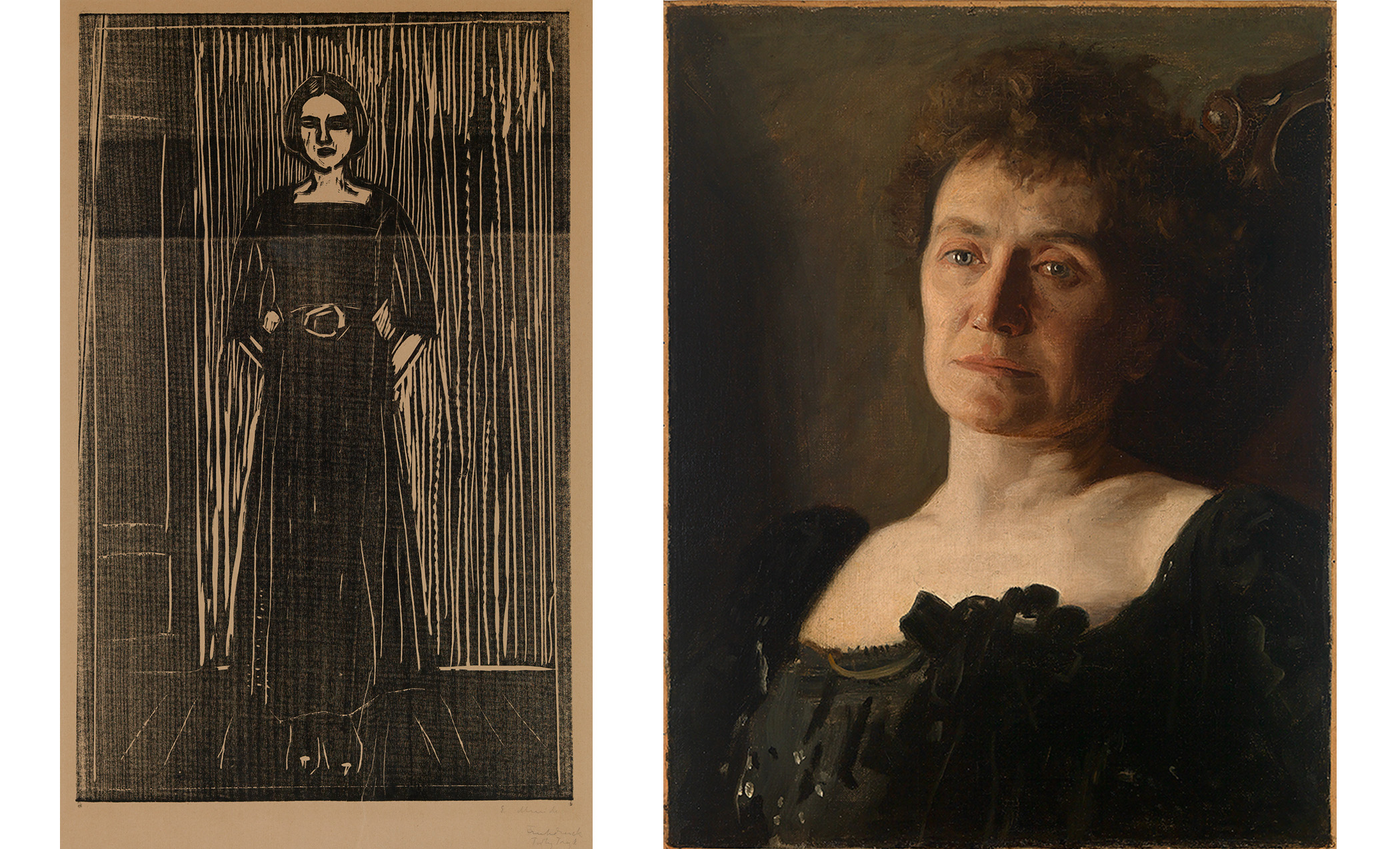 left: woman with straight dark hair tied behind head, parted at center, wearing dark square necked dress with beld standing with hands behind back and feet together on wood floor near wall wiht door visible at her proper right. right: bust portrait of a middle aged woman turned one-quarter toward her proper right, head slightly toward proper left, with brown hair, wearing dark square necked dress, leaning against plain wall