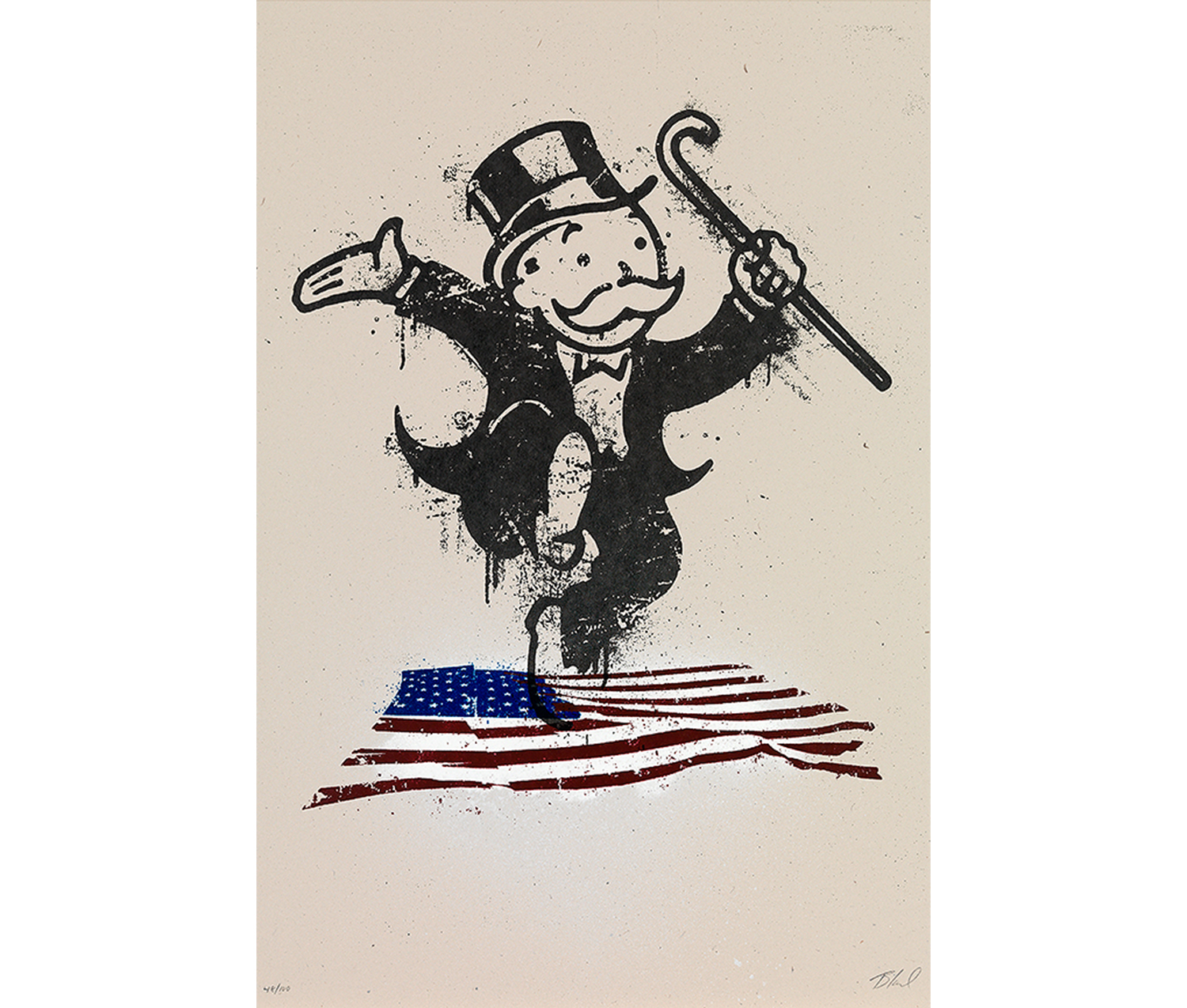 Monopoly figure in top hat with cane dancing in black on the American flag in red and blue