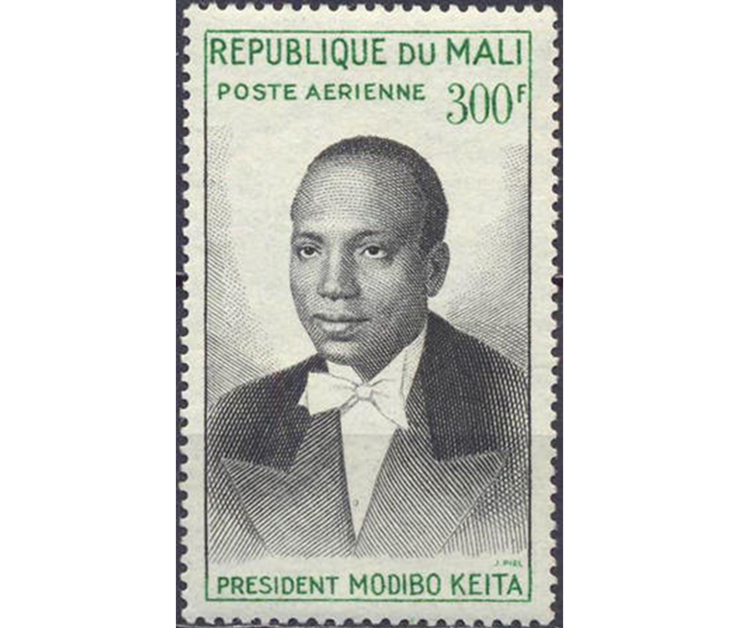 mail stamp showing a bust portrait of a man wearing a tuxedo. green text at the top reads, "REPUBLIQUE DU MALI / POSTE AERIENNE 300 F". green text at the bottom reads, "PRESIDENT MODIBO KEITA"