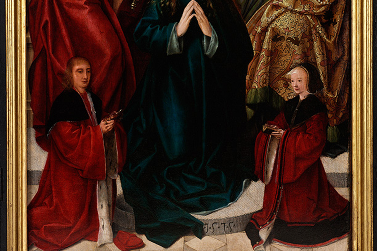 patrons in red kneeling before Mary in blue
