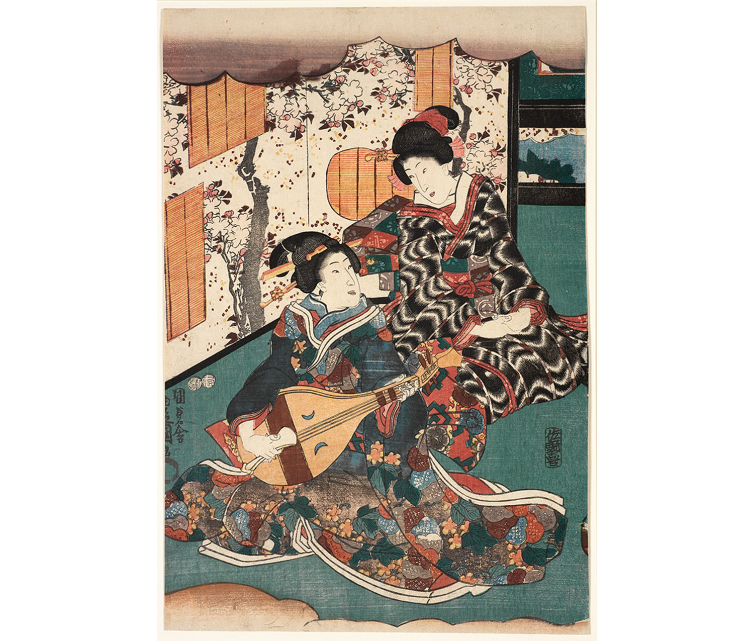 Woman seated on the floor dressed in elaborate kimono playing the biwa; second woman seated behind with hands clasped in her lap observing; folding screen of blossoming cherry trees in upper left behind women; top and bottom of print framed with clouds