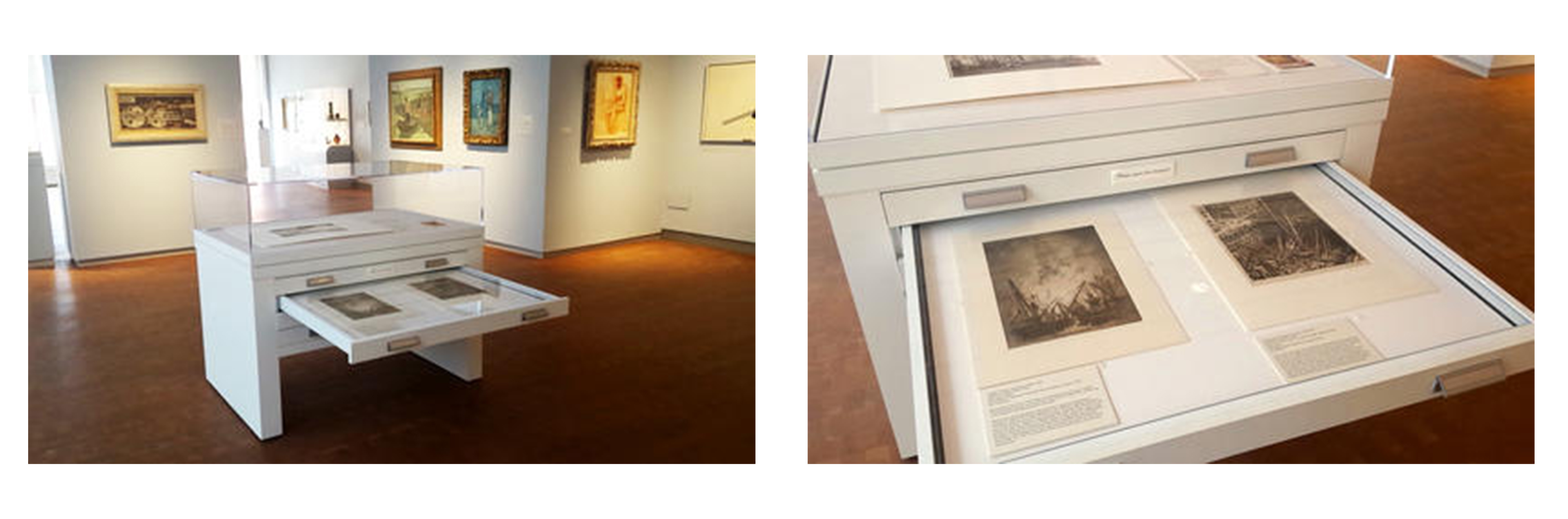 left: a white display cabinet in the center of an art gallery, with one drawer pulled out. right: a close-up of two prints laid out on the pulled-out drawer of the display cabinet.