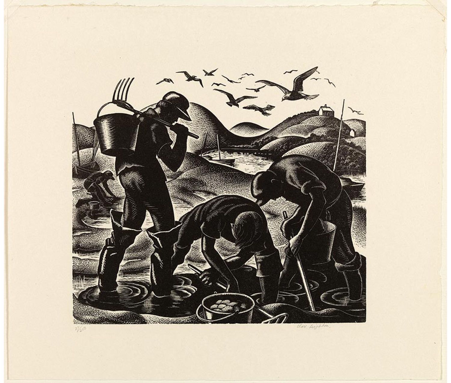 three men in tall boots standing shallow water with low hills and flying seagulls in background, left figure has a bucket attached to a rake over his shoulder, center figure is bend over pulling his rake with bucket of clams near him, third figure is bent pulling his rake with his bucket between his legs
