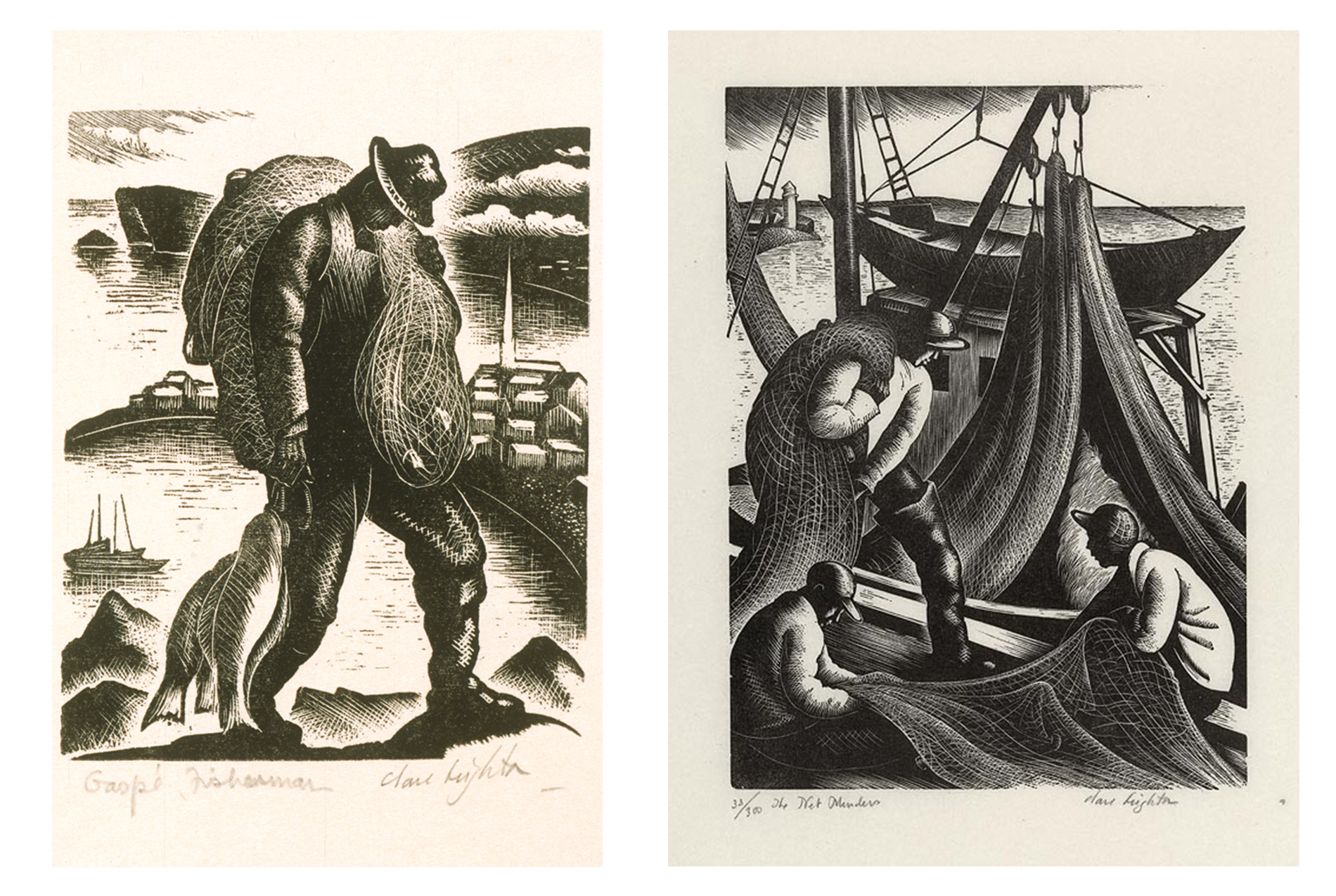 left: man wearing a hat walks along a riverbank with his head down, carrying fish in his proper right hand and a large sack in his proper left hand. right: two men seated mending a net while a third wearing tall boots carries another net over his shoulder, docked boat near them at edge of water and lighthouse in back left distance