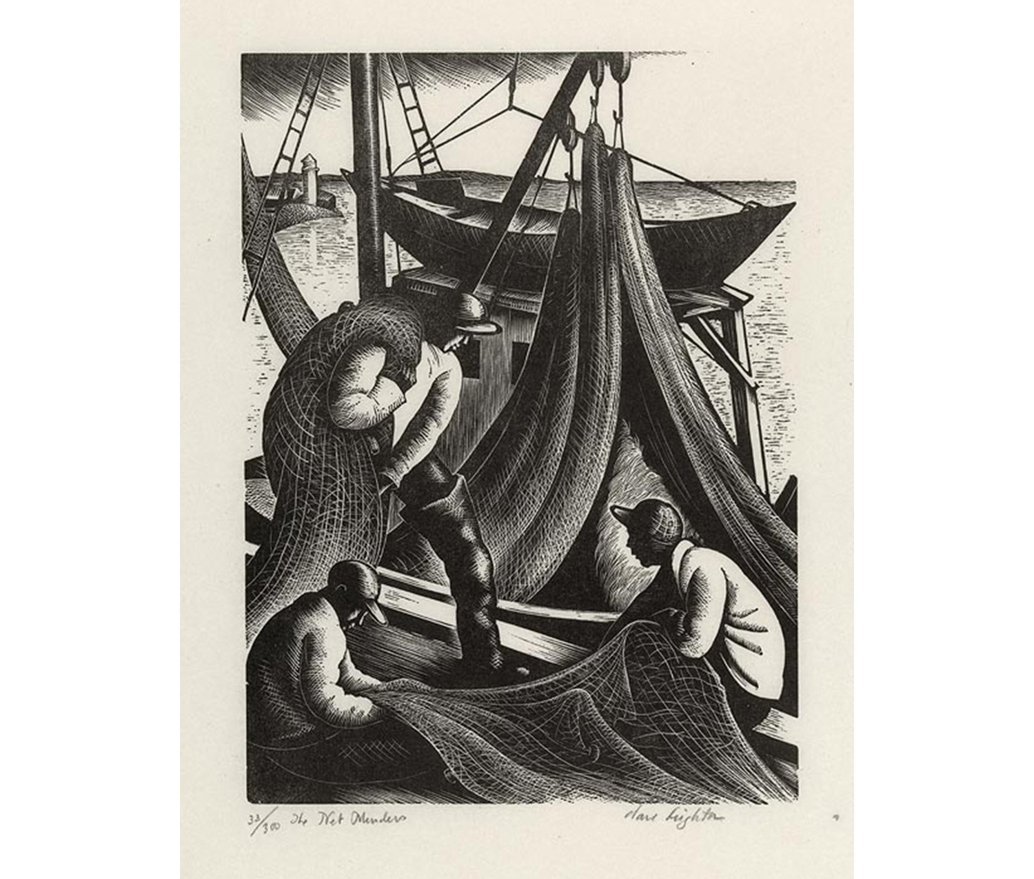 two men seated mending a net while a third wearing tall boots carries another net over his shoulder, docked boat near them at edge of water and lighthouse in back left distance