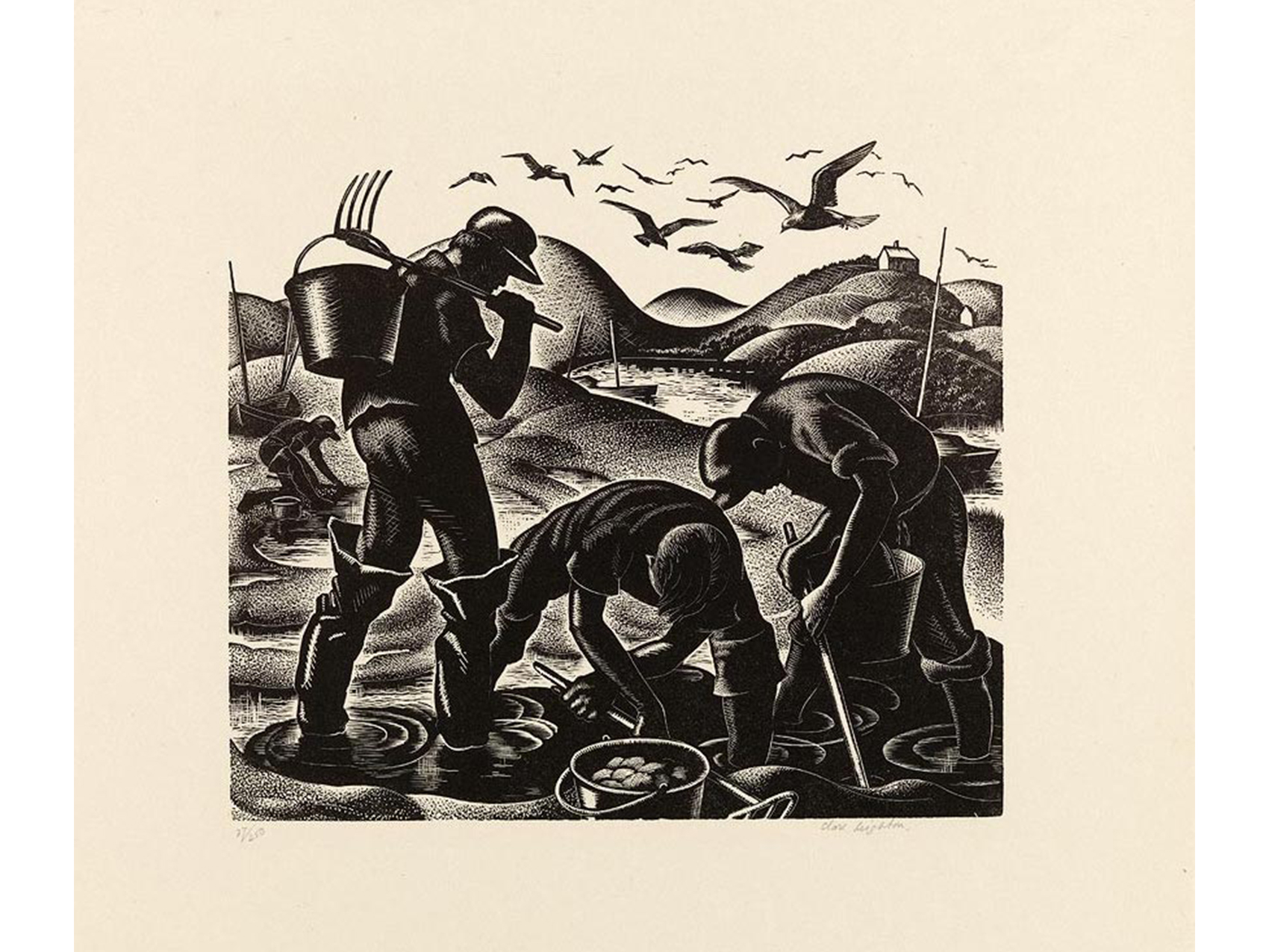 three men in tall boots standing shallow water with low hills and flying seagulls in background, left figure has a bucket attached to a rake over his shoulder, center figure is bend over pulling his rake with bucket of clams near him, third figure is bent pulling his rake with his bucket between his legs