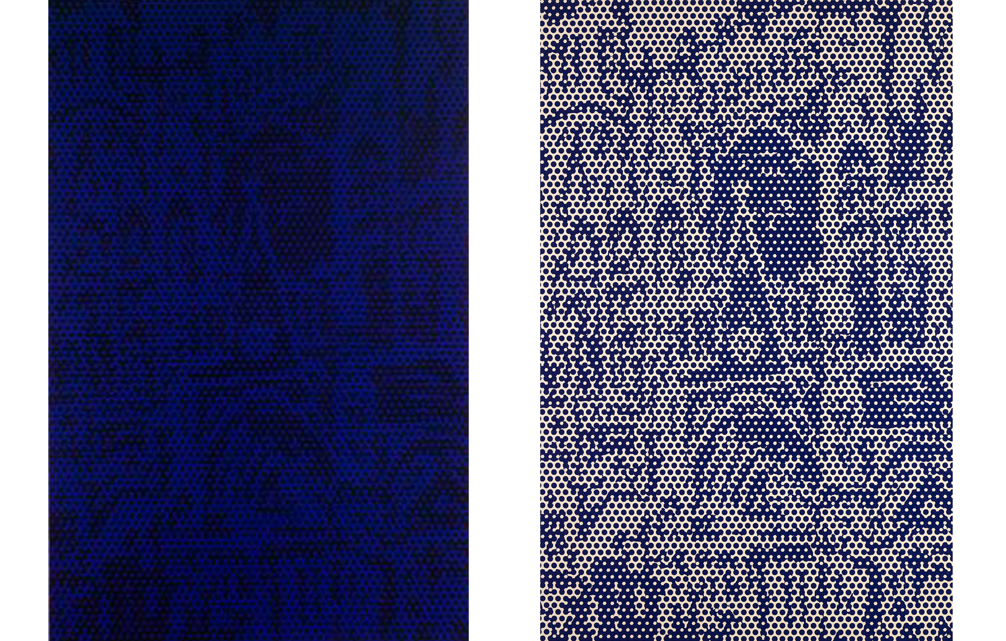 left: pixelated image of the Rouen Cathedral in black against dark blue background. right: pixelated image of the Rouen Cathedral in gray against navy background.