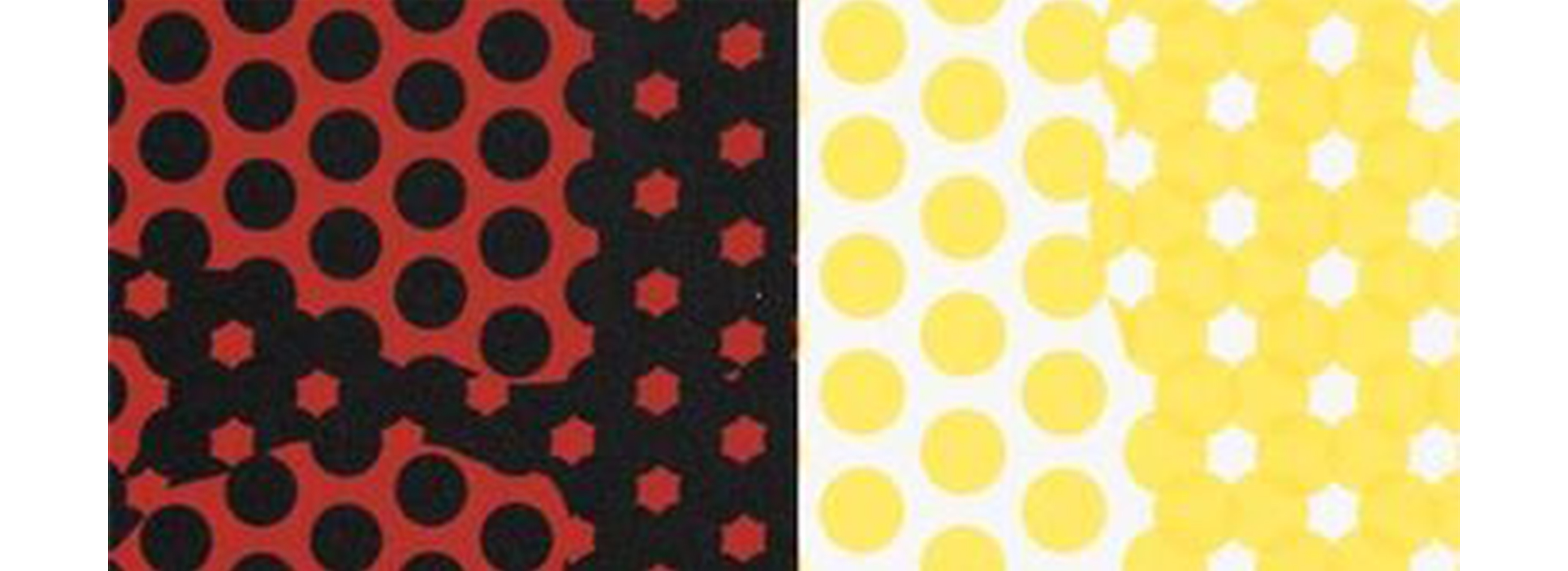 left: red background with black pixelated polka dots. right: image with yellow and white pixelated polka dots