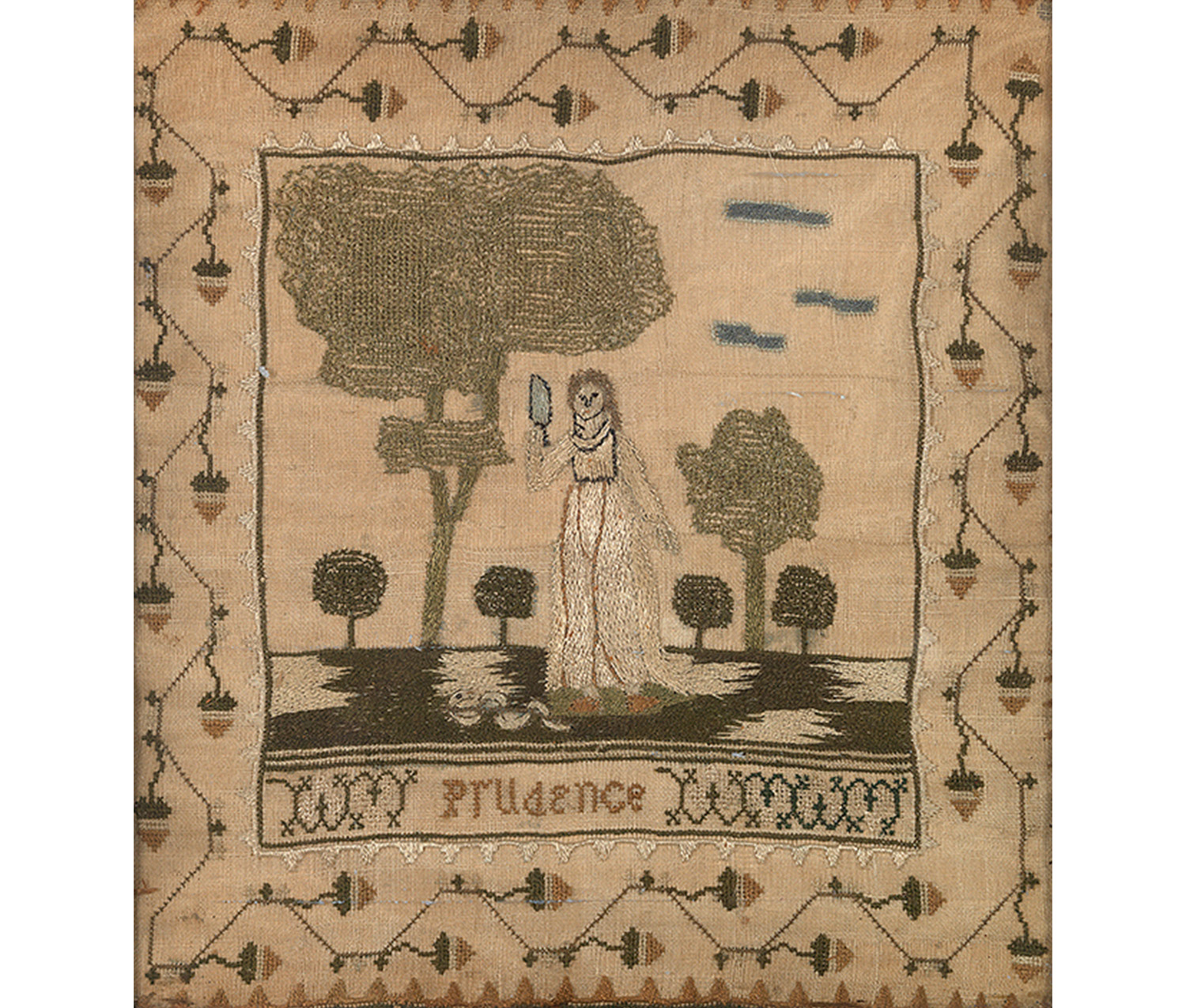 woman in white standing in flat landscape with large tree to her left, small one to her right and four smaller trees across back, three clouds in the sky, PRUDENCE embroidered beneath all surrounded by stylized vine