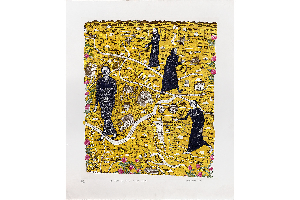 "gold background with street map of London, four large walking figures in black, with smaller scattered buildings, busses, cars, figures and planes"