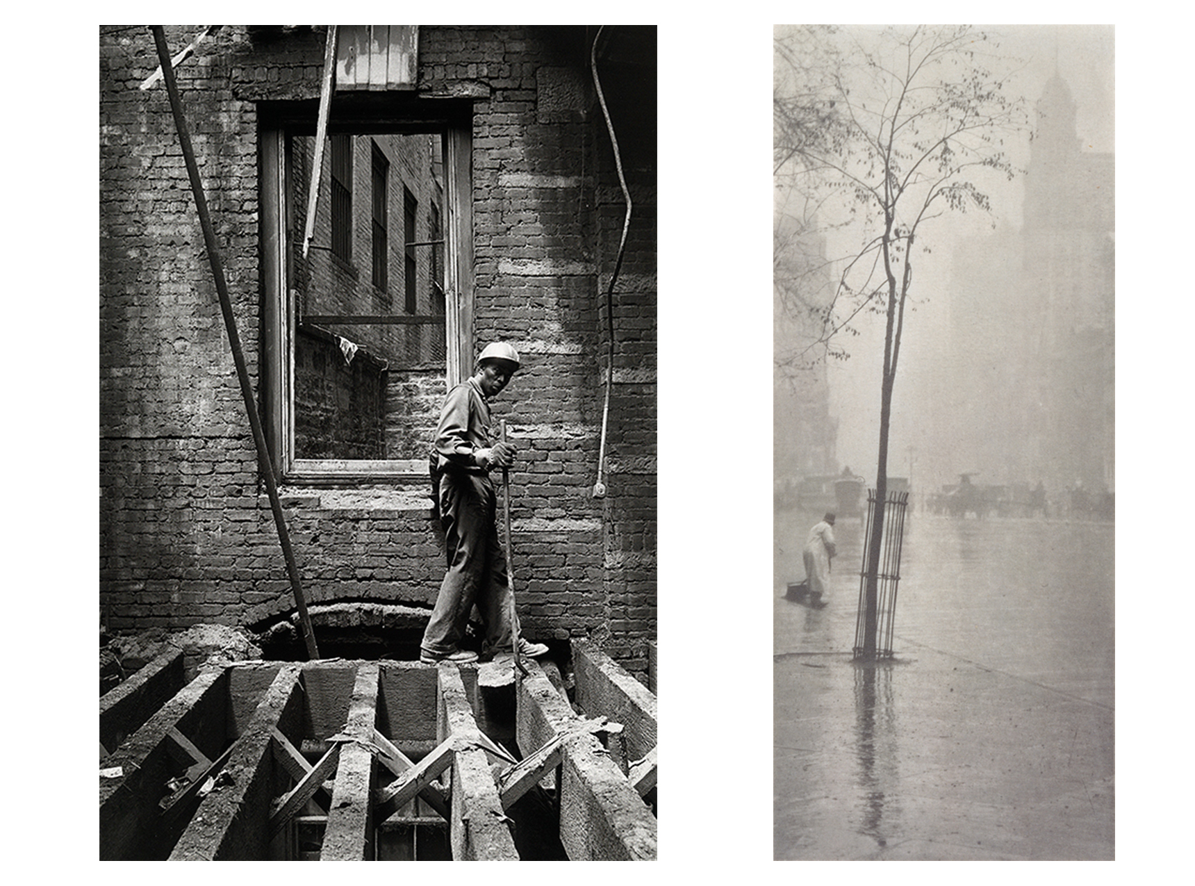 left: Man in work clothes and hard hat standing on support beams in front of a window inside partially demolished building. right: rainy day with slender tree on city sidewalk, reflection of trunk visible on sidewalk in foreground, figure sweeping street in middle ground
