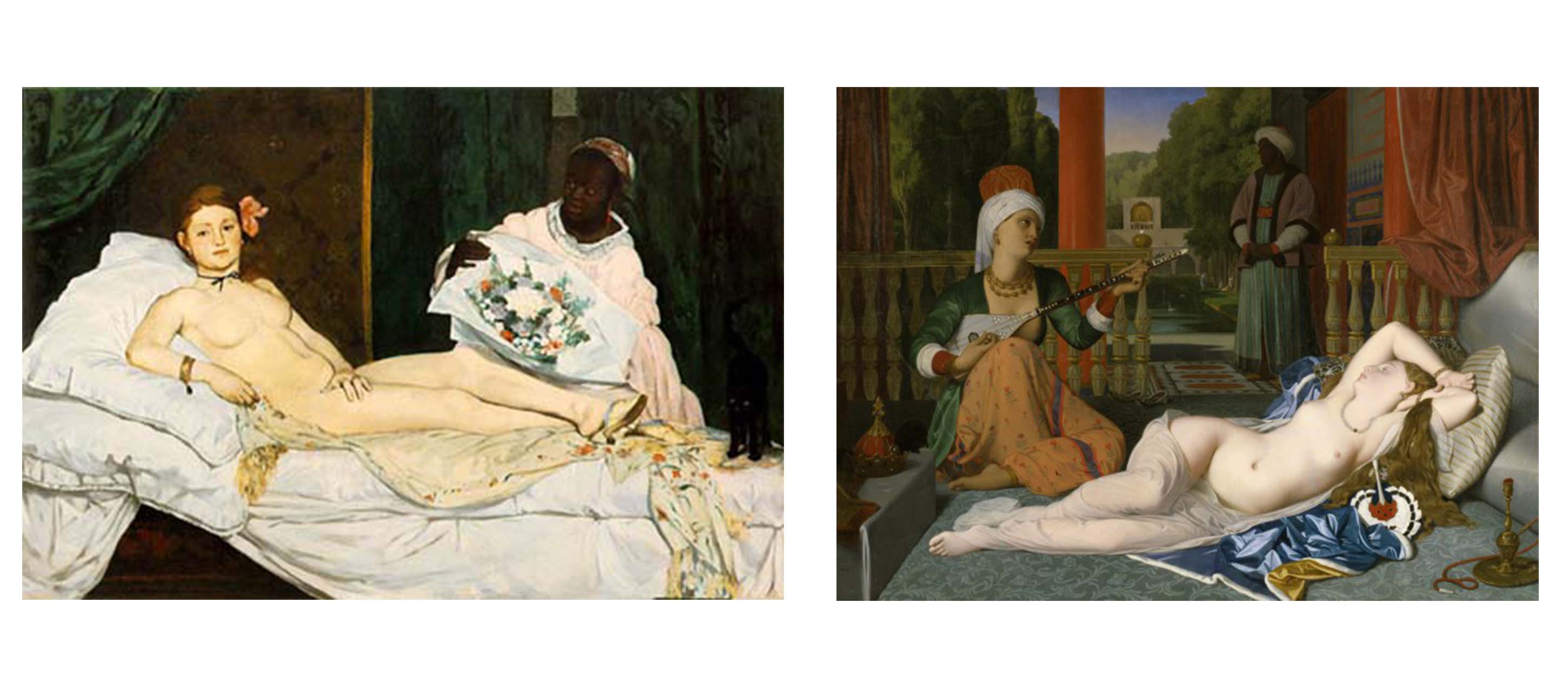 left: a nude white woman sits on a bed, propped up against pillows. a black woman stands behind her, offering her a bouquet of flowers. right: a nude woman reclines against silken pillows and blankets, listening to another woman play music to her. in the background, a black figure stands by the entrance to the room. 
