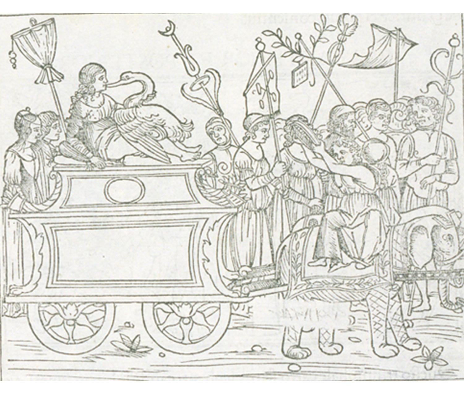 procession with woman on carriage kissing a swan
