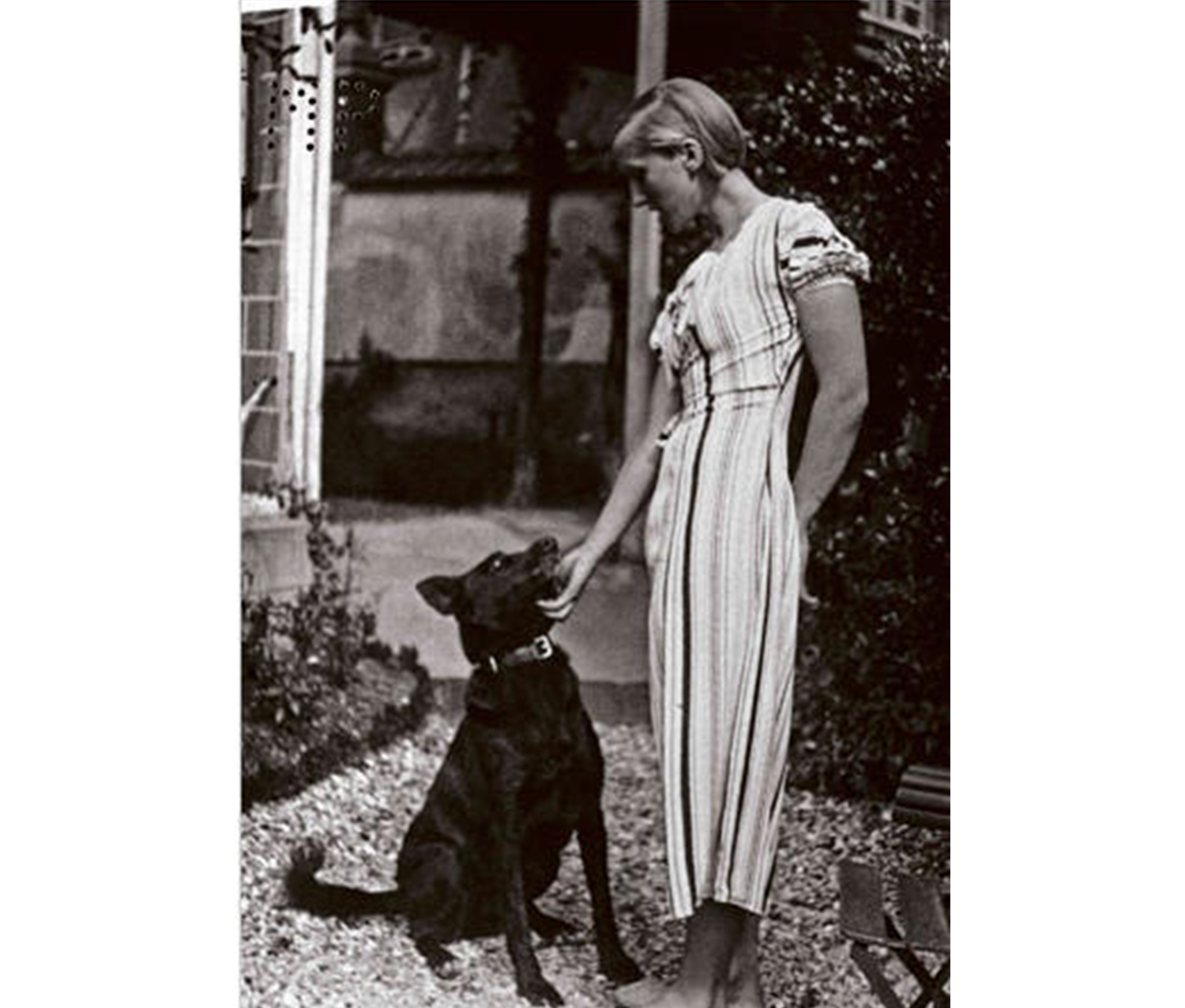 black and white image of a woman wearing a striped dress and petting a black dog