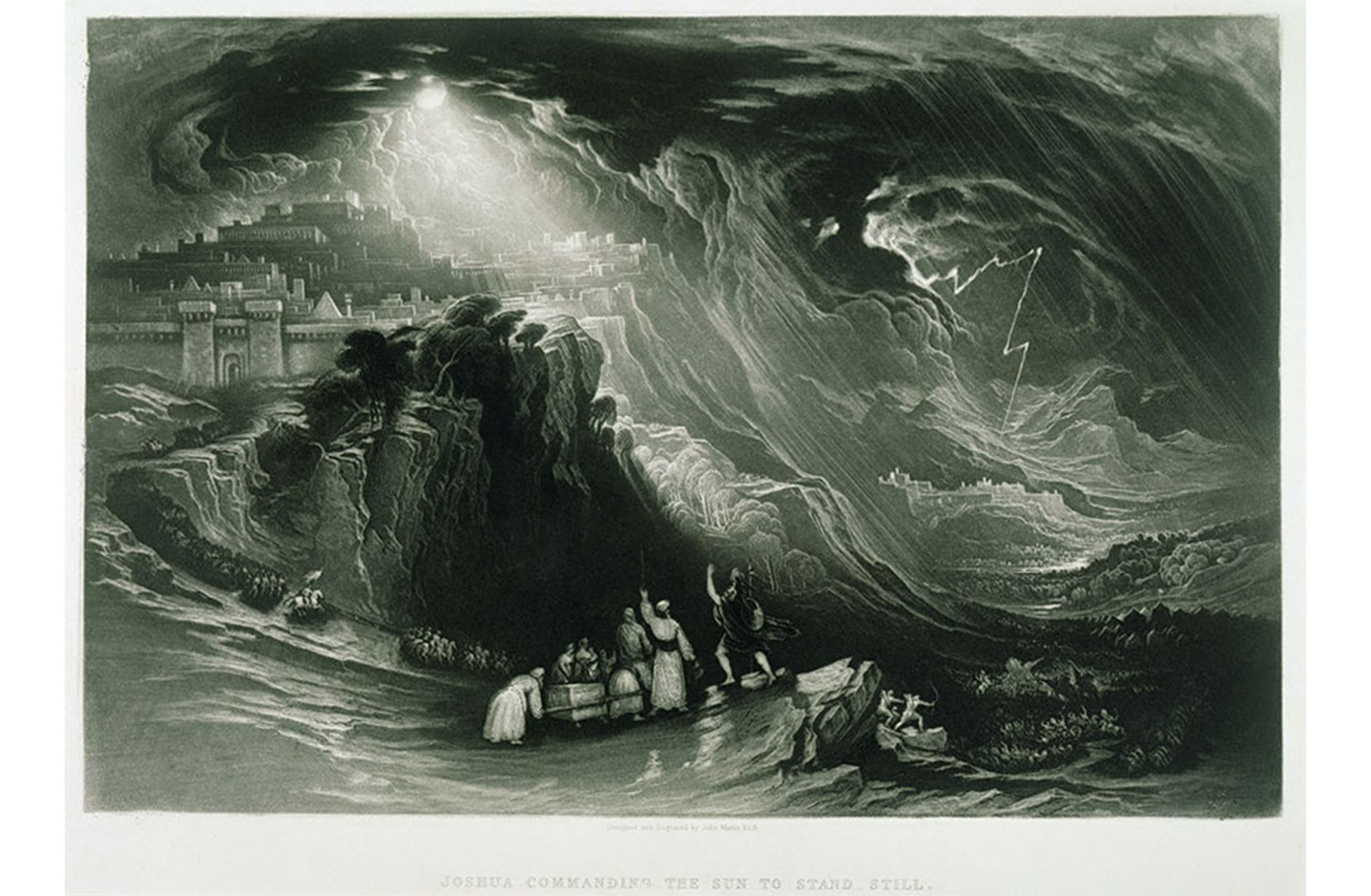 large wave in a storm. people standing at the base of the wave, pointing up at it. buildings in the background in the top left corner.