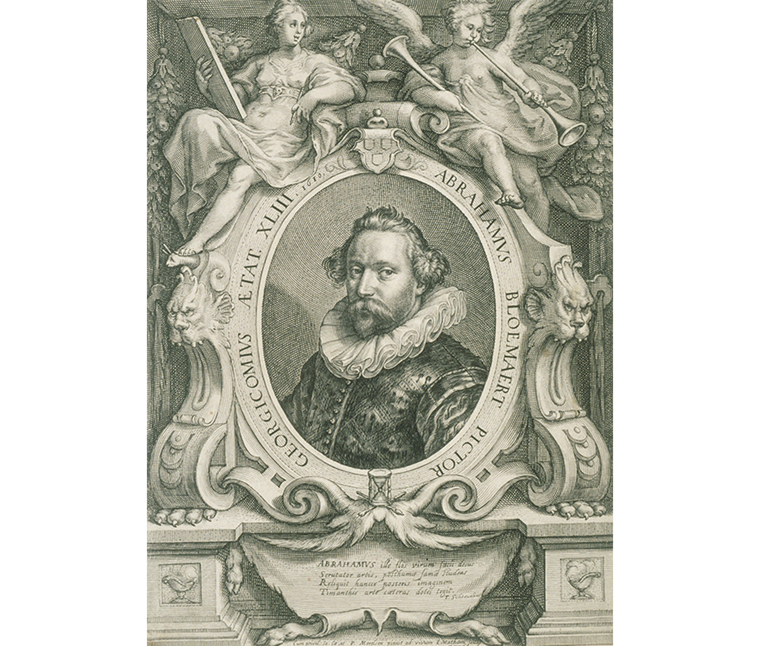 bust portrait of man facing slightly to his right; set in ornate oval frame; 2 angels or people sitting on top of oval; text around oval