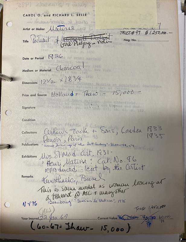 "Artist or Maker: Matisse. Title: Portrait of Girl Playing a Violin. Date or Period: 1926. Medium or material: Charcoal. Dimensions 12.5x18.75. Price and Source: Holland + Thaw - 15,000 -. Signature: Condition: Collections, Publications, and Exhibitions: List of shows and collections work was included in. Remarks: This is the same model as woman looking at a fishbowl"