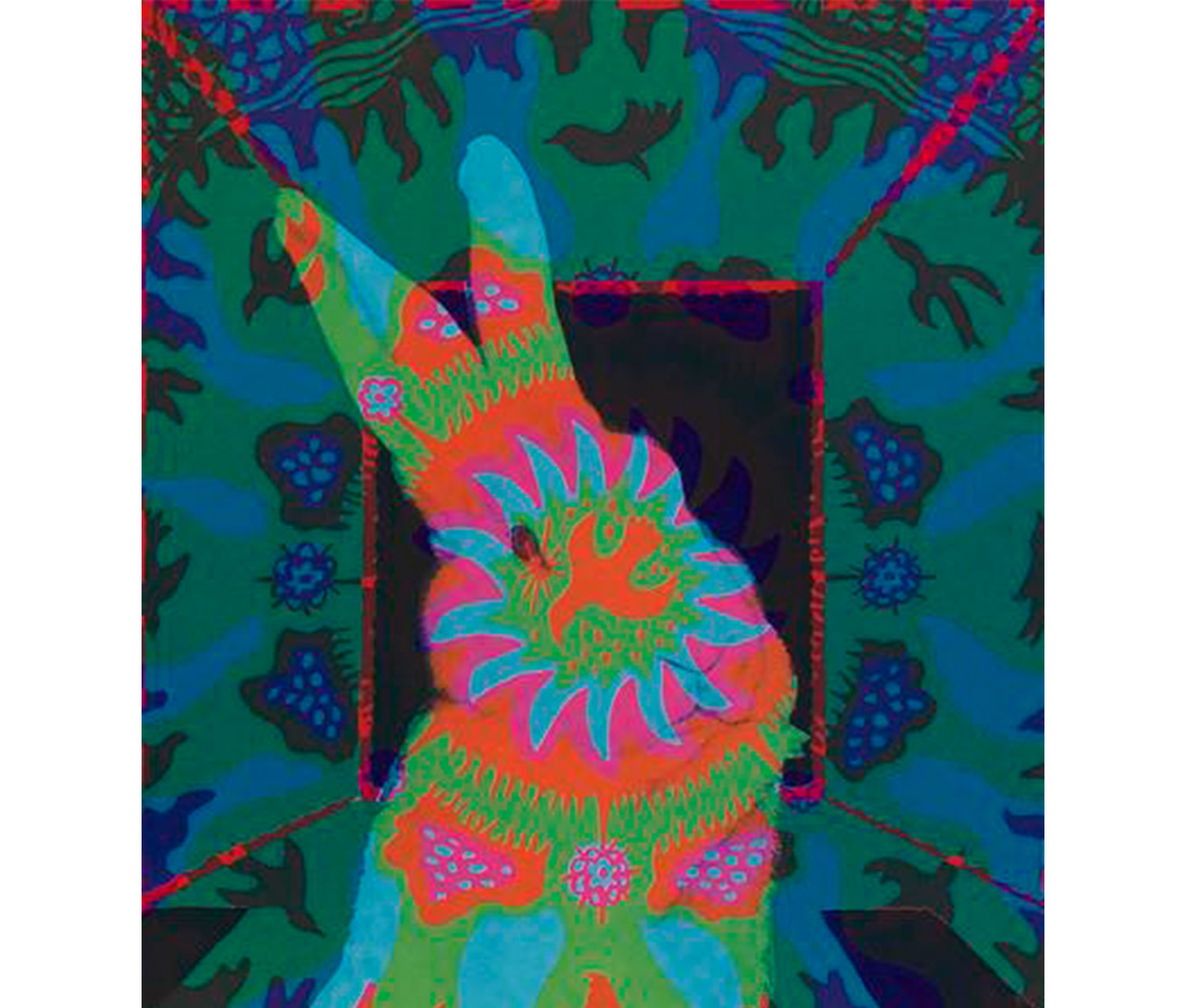 white rabbit with swirling patterns in blue, orange, green, and pink overlaid on top of it