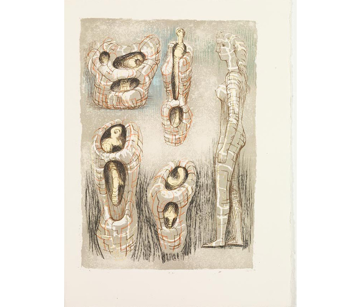 sculpture designs of abstracted figure-like shapes inside larger amorphous shapes; human figure on the right side of the page, walking toward the sculptural forms