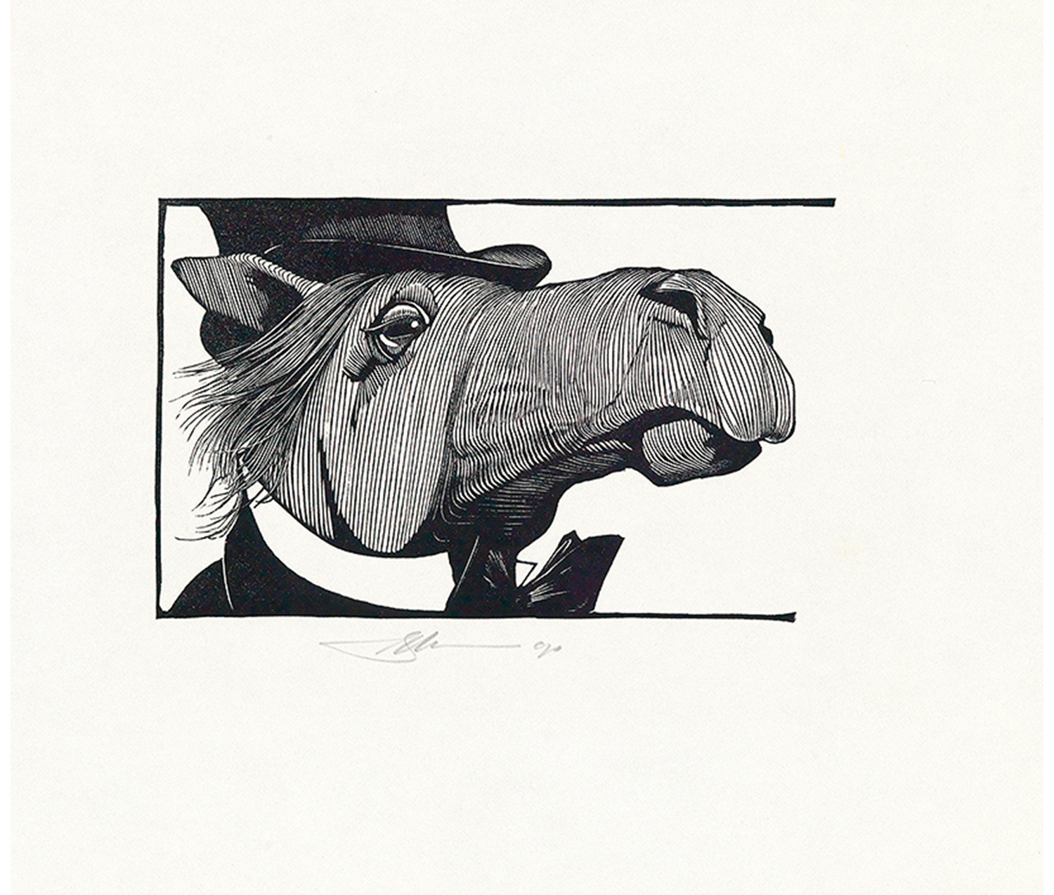 head shot of a horse wearing a hat and suit facing right