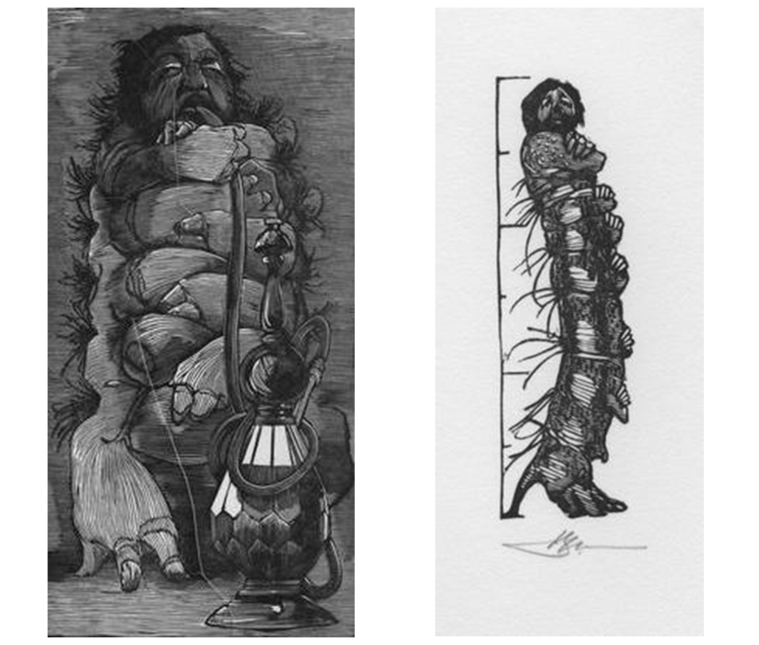 two sketches of a caterpillar standing up with human features