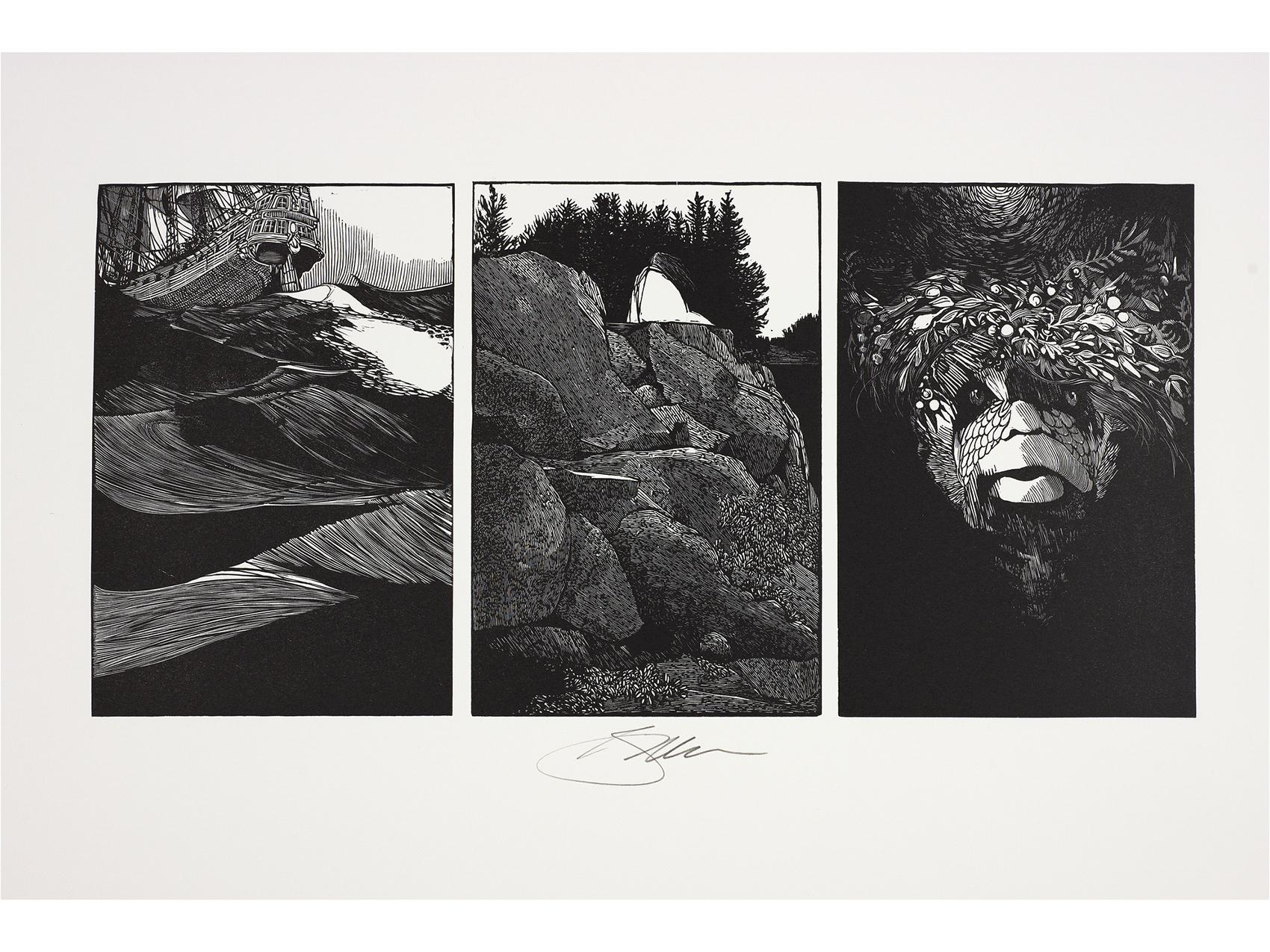 three images. left: a raggedy mountain. center: a girl in a white dress sitting at the top of a mountain. right: the face of a merman, with scales and ornamentation around his head