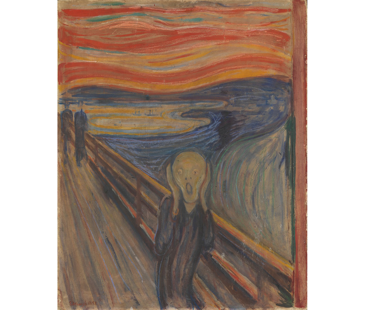figure wearing black stands on a bridge with hands to face in an expression of shock or fear; background of swirling blues, yellows, and oranges
