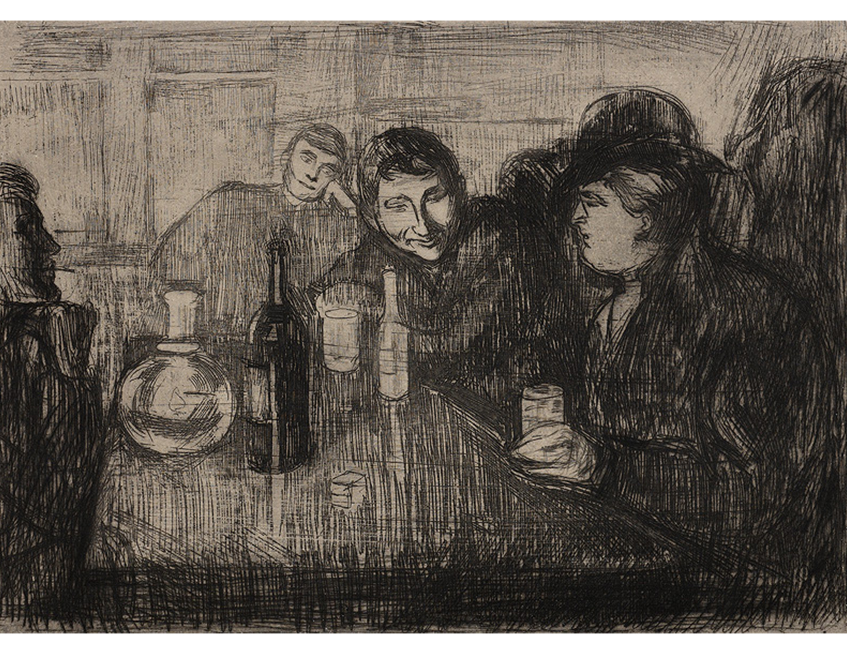 group of men sitting around a table at a social gathering, with various drinks assembled on the table