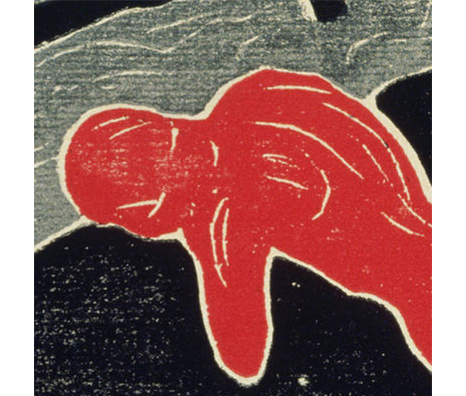 red and gray figures against a black background; red figure turns its head away from the gray figure