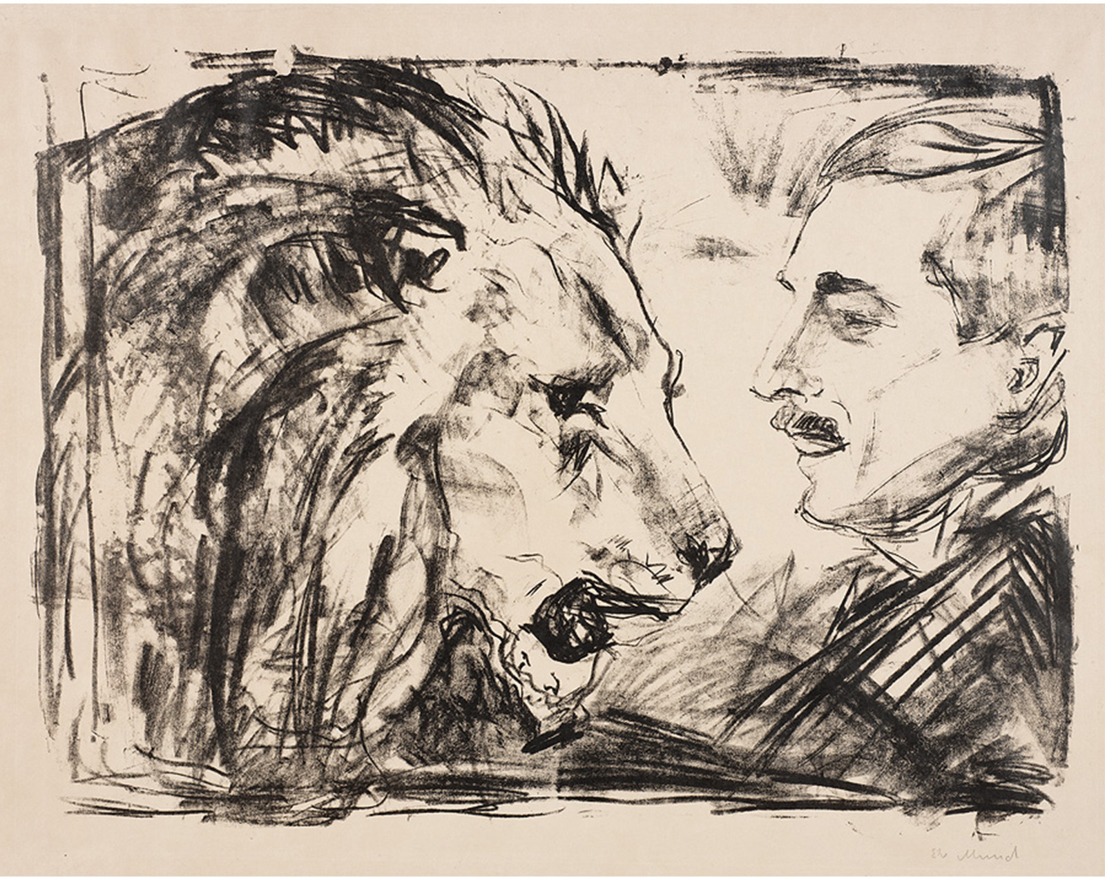head of a lion facing head of a man