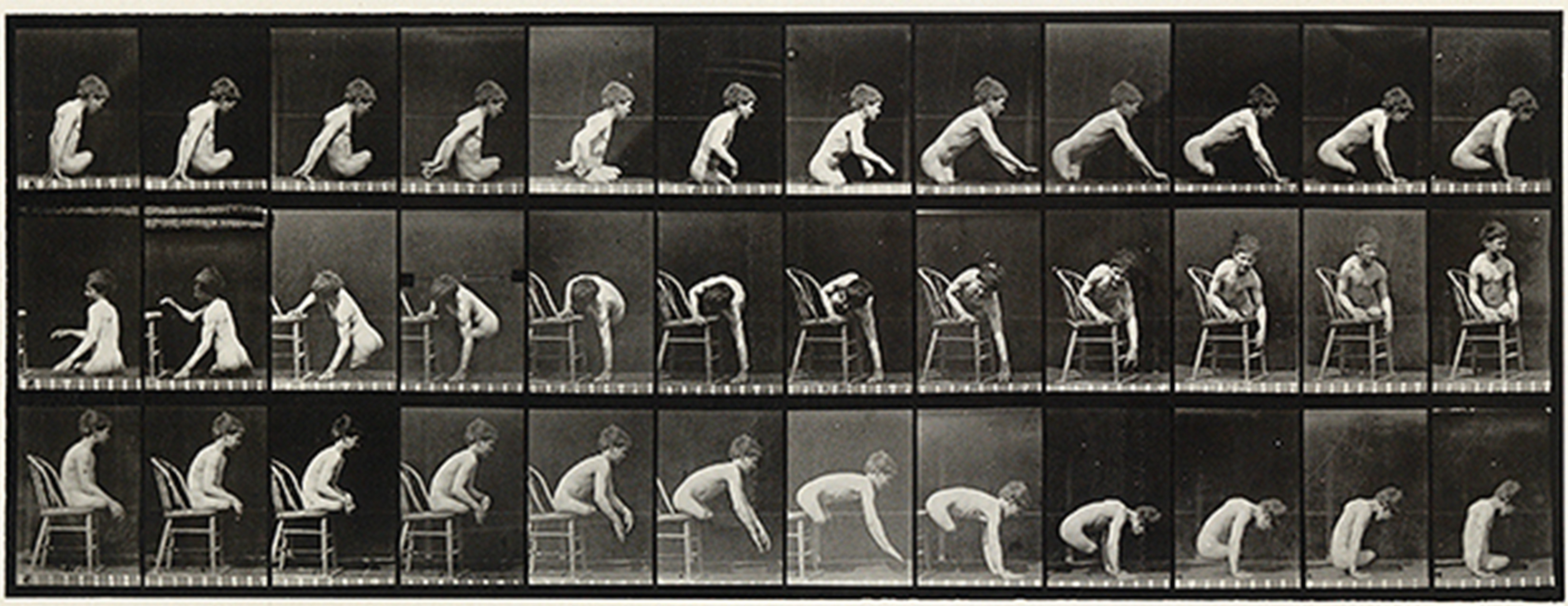three rows of images of a small child doing various gymnastic poses on a chair