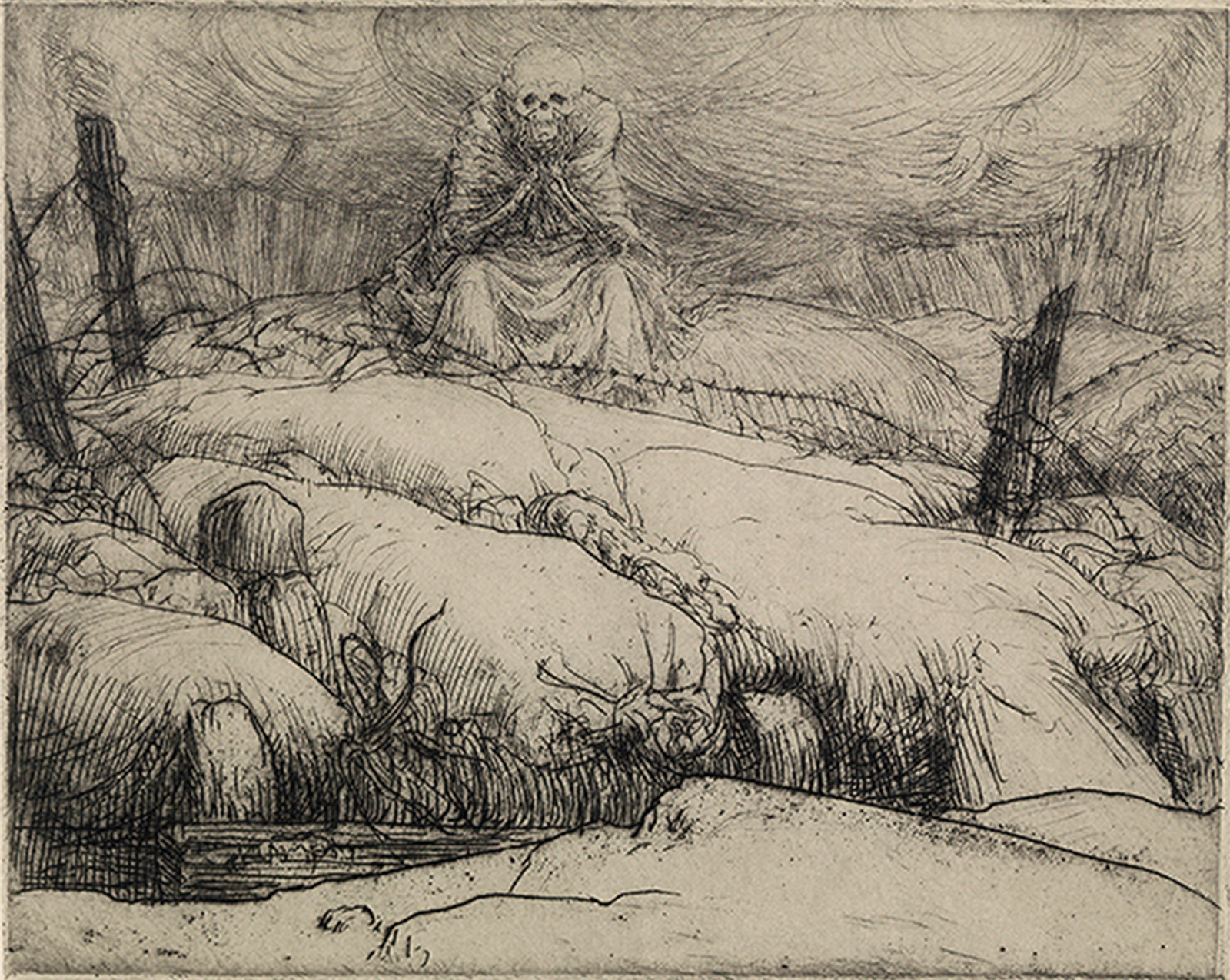 Image of a trench, dug into a hill, surrounded by barbed wire. Skeleton wearing a long cloak sits with head in hands, staring at trench