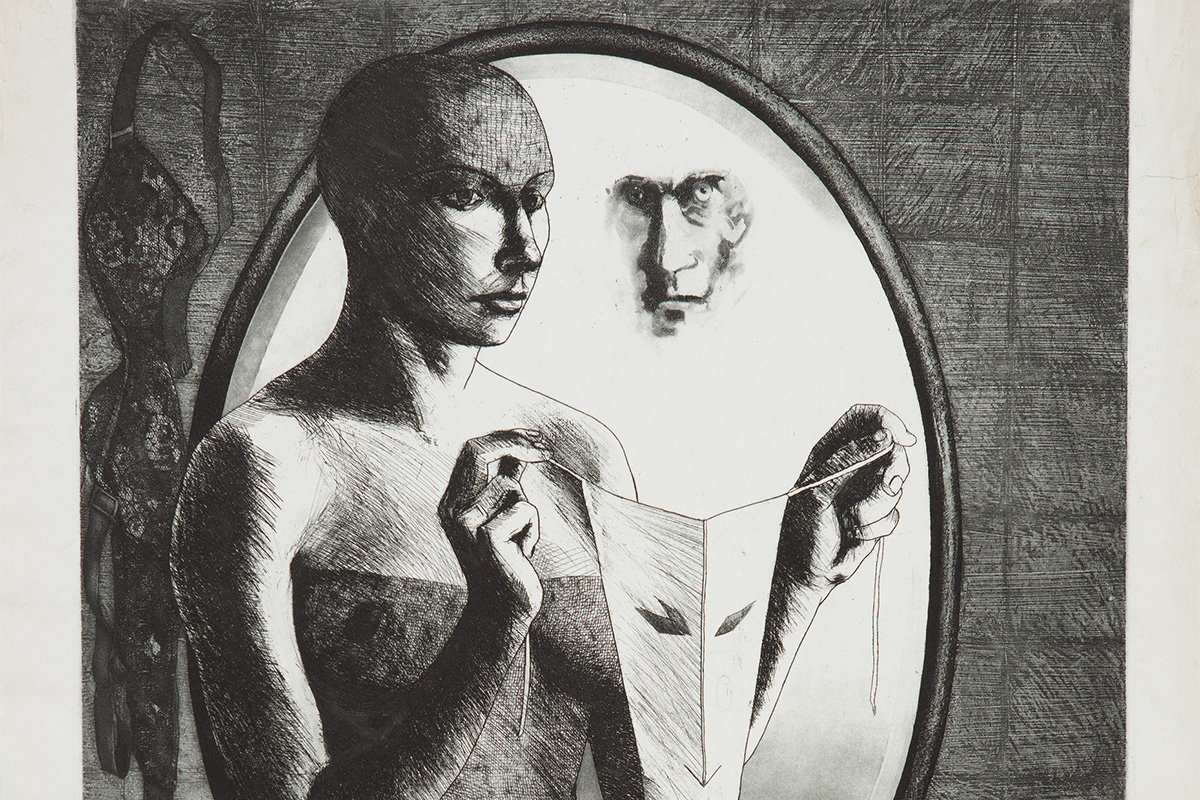 "naked woman standing in front of mirror from which she is watched by a mysterious face"