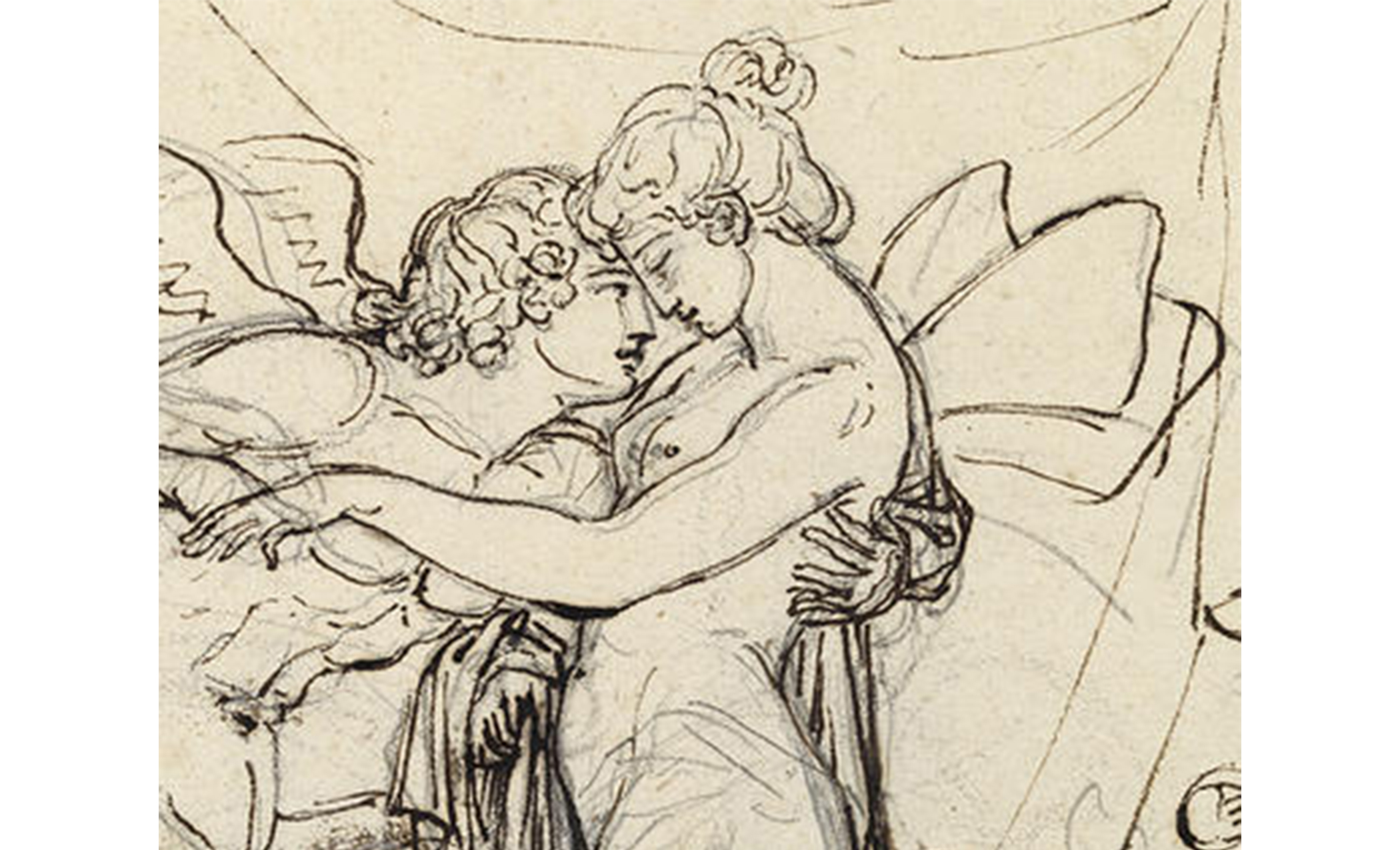 close-up of nude male with wings leaning forward and holding semi-nude draped female