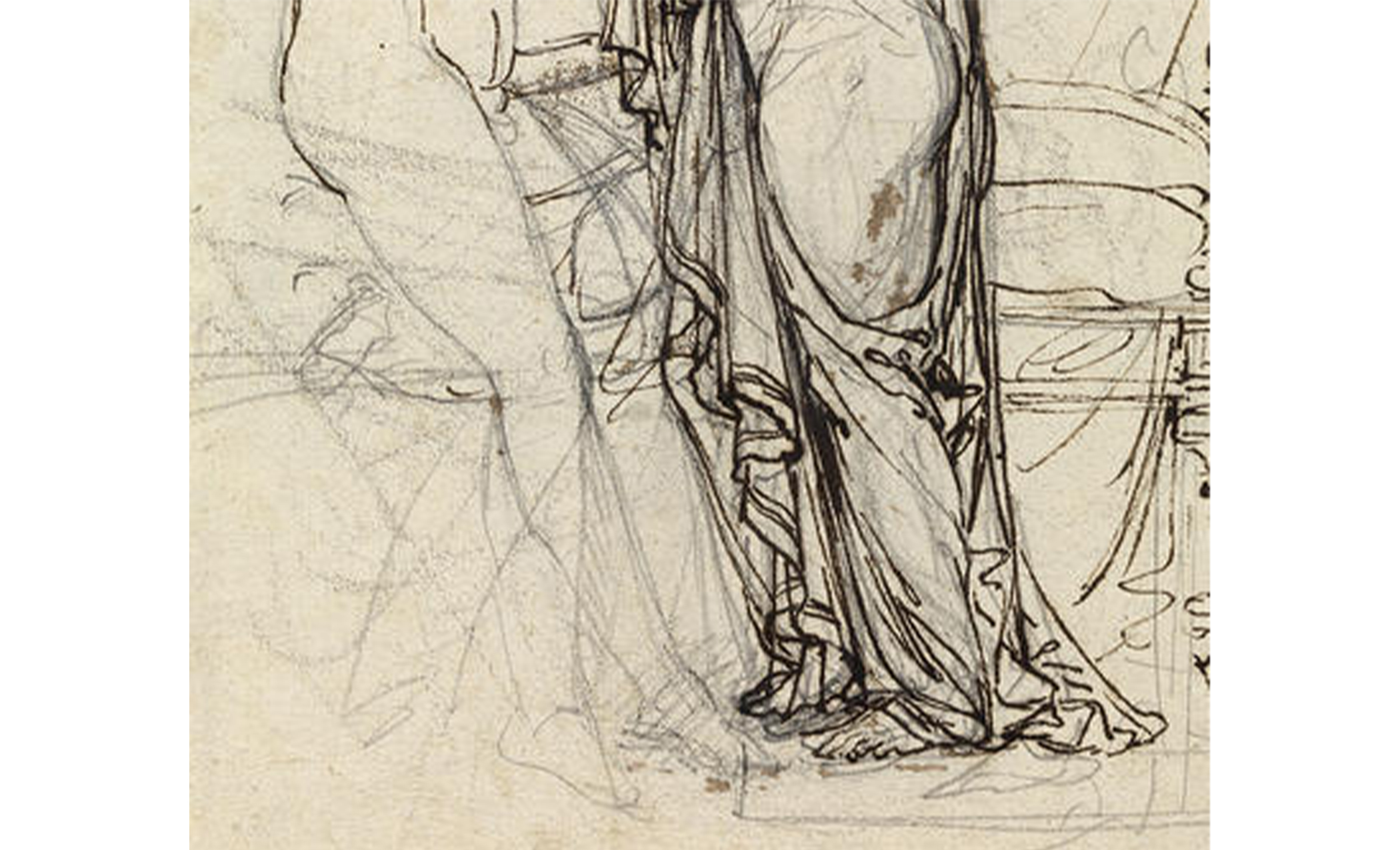 close-up of two figures' legs, one pair of which has scribbles drawn all over it
