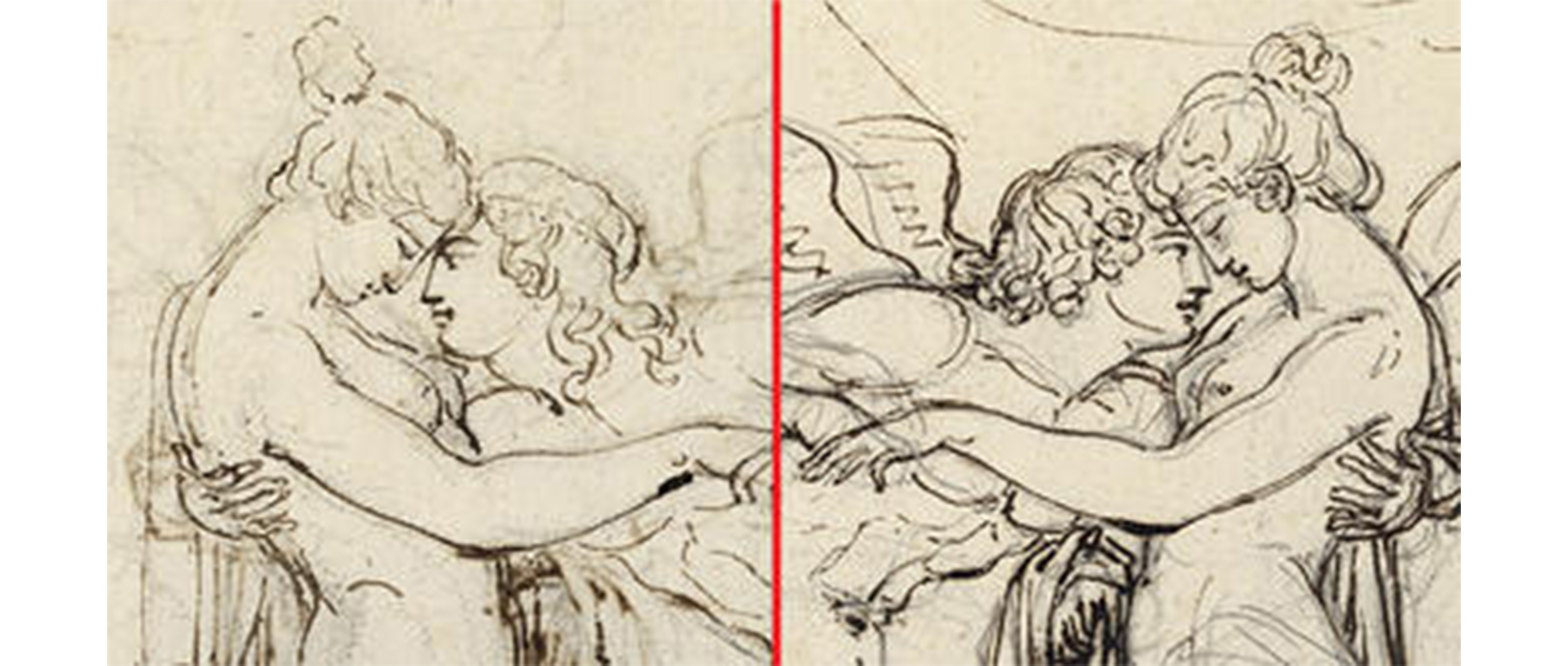 two images side by side. both show partially nude man and woman in a close embrace. left image has woman on left and man on right. right image has man on left and woman on right.