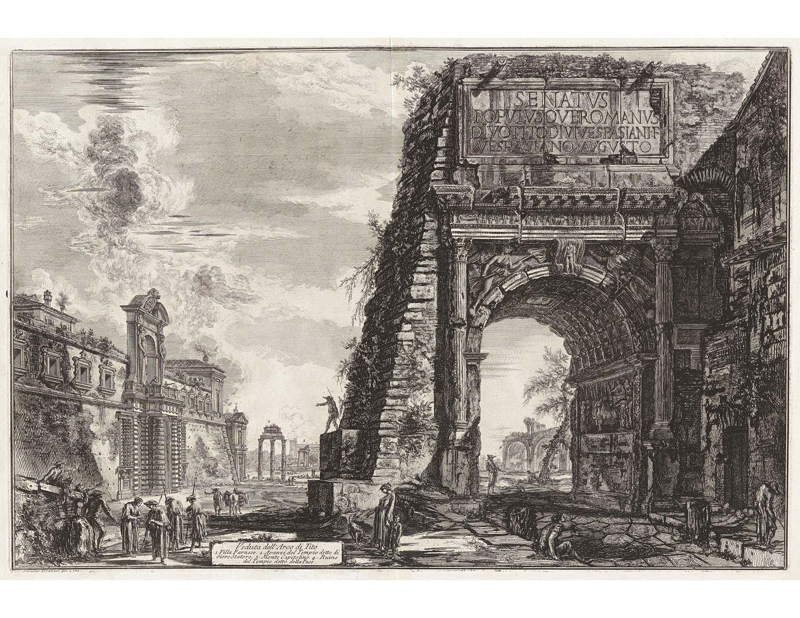 cobbled streets, view of a large marble arch on the right with other ancient buildings on the left
