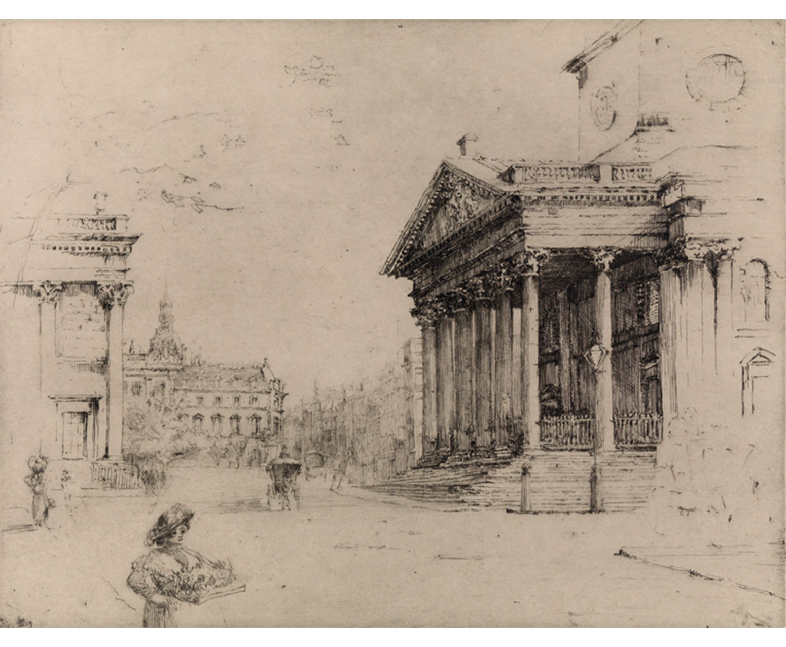 Square with Greco-Roman inspired facade with corinthean columns and a clock tower, and large manor in background. Female flower-seller walks through square.