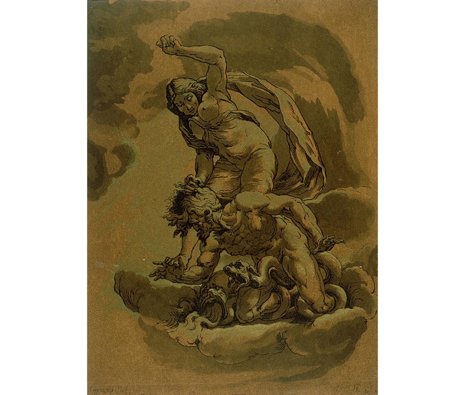 Woman on cloud beating a man who is sitting on a pile of snakes