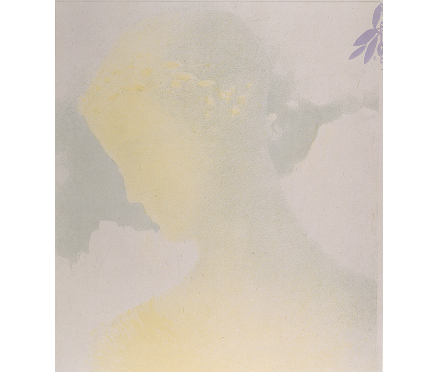yellow and white silhouette of a woman looking over her shoulder, set against a light blue and white background, with a small purple flower in the top right corner