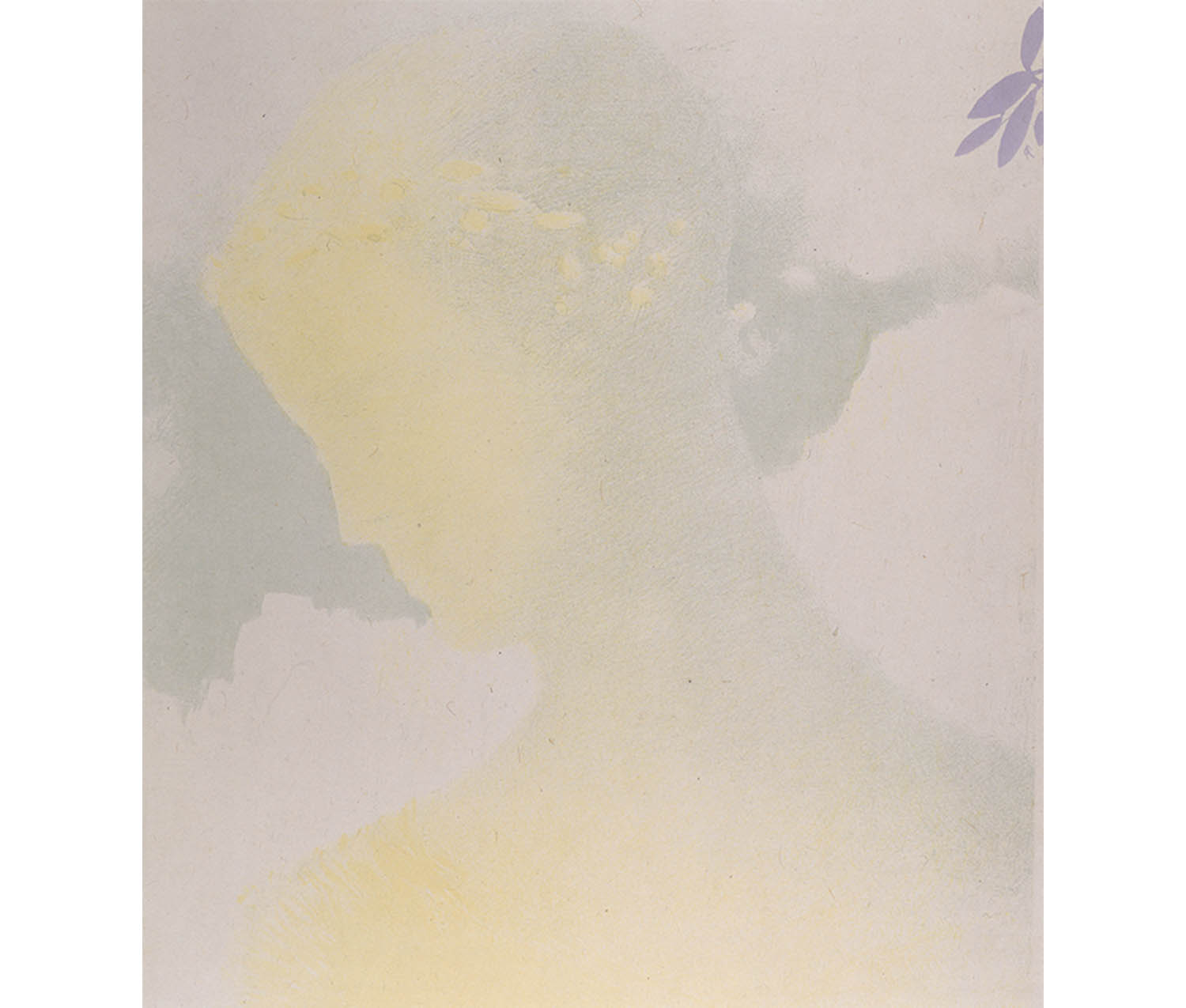 yellow and white silhouette of a woman looking over her right shoulder, against a light blue and white sky. small purple flower in top right corner.